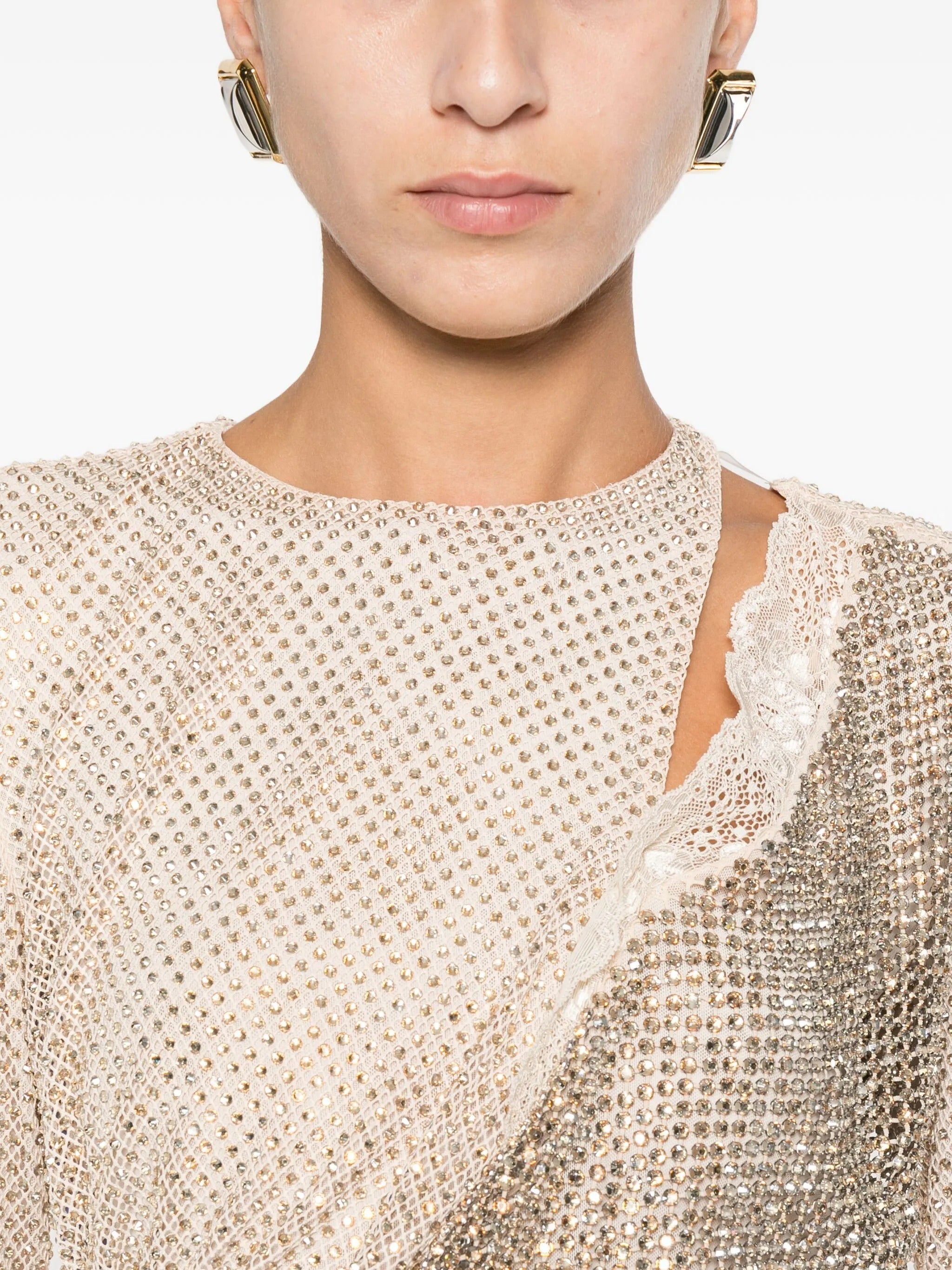 CHAMPAGNE RHINESTONE LACE TRIM MINI DRESS