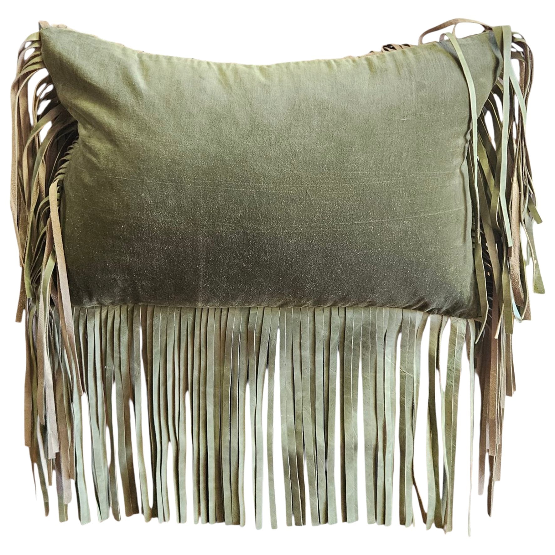 COTTON VELVET & LEATHER FRINGES CUSHION-OLIVE GREE