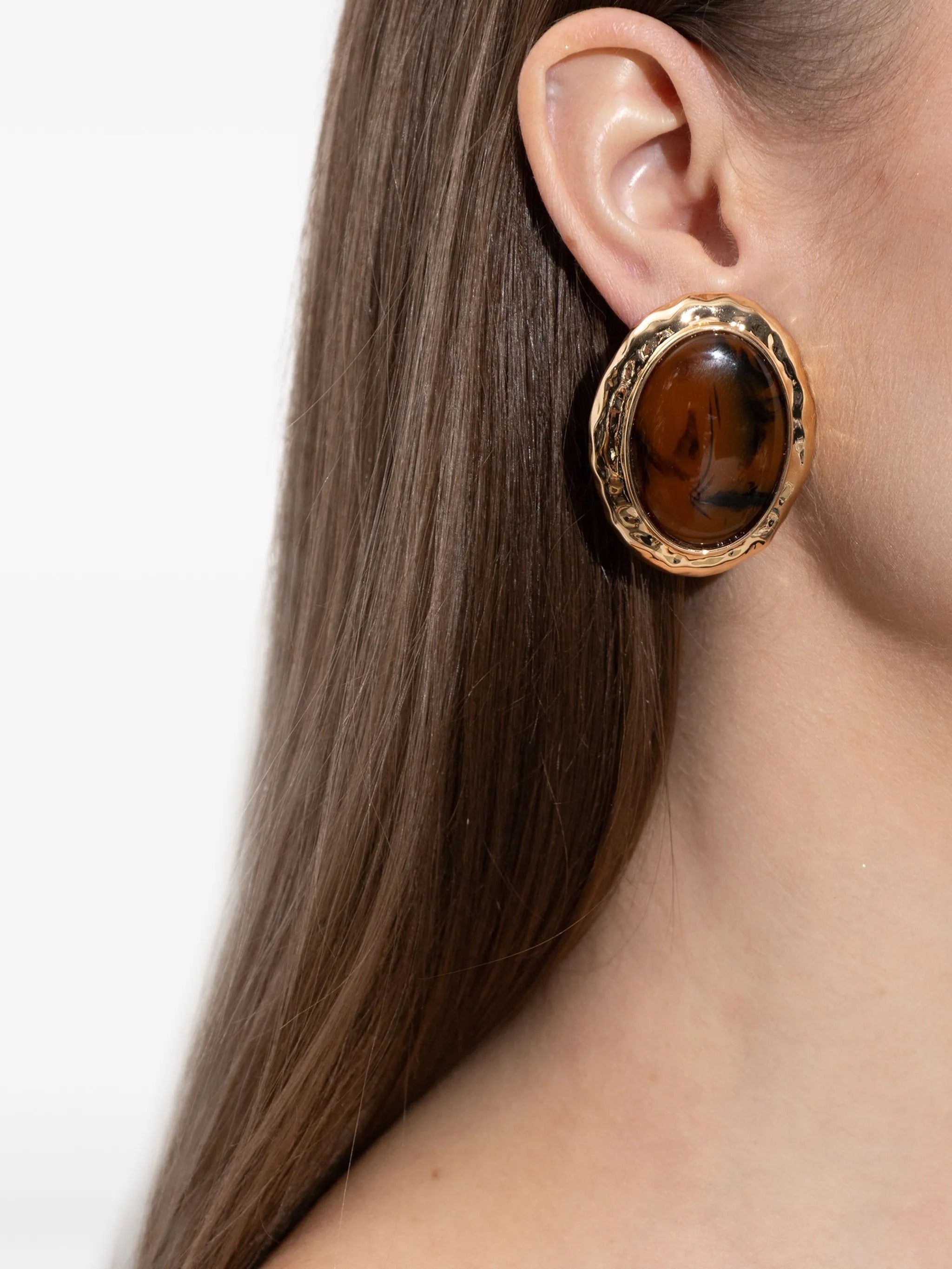 HAMMERED GOLD TIGER EYE EARRINGS
