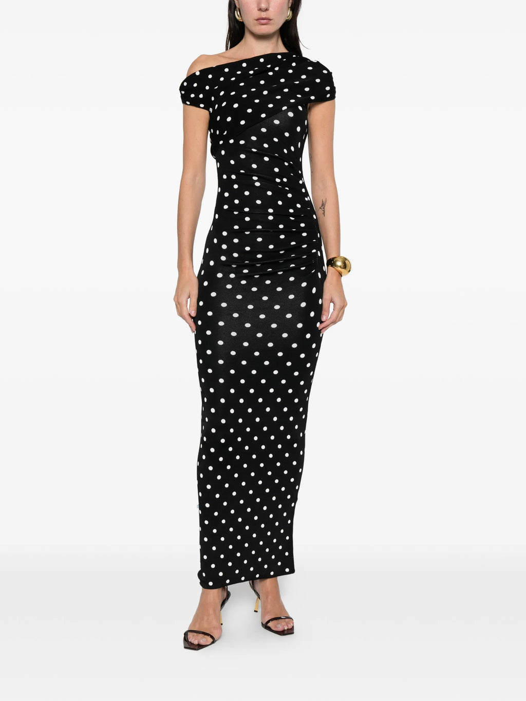 POLKA DOT DRAPED KNIT MIDI DRESS