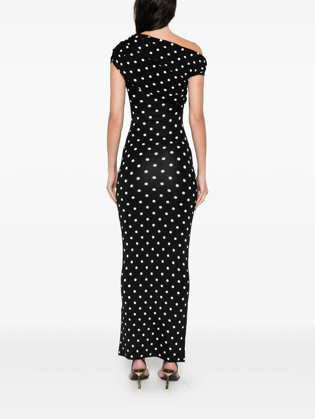POLKA DOT DRAPED KNIT MIDI DRESS