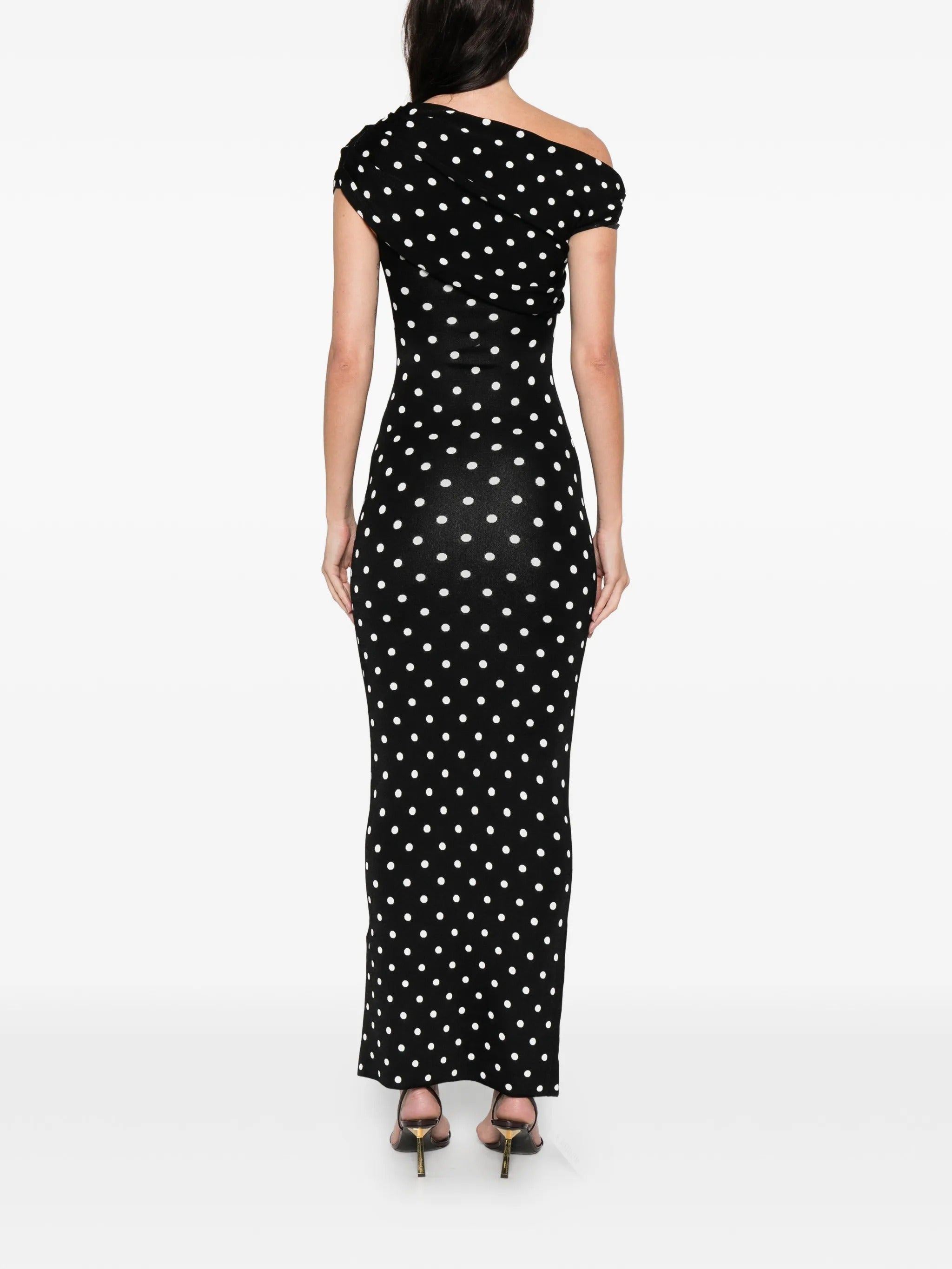 POLKA DOT DRAPED KNIT MIDI DRESS