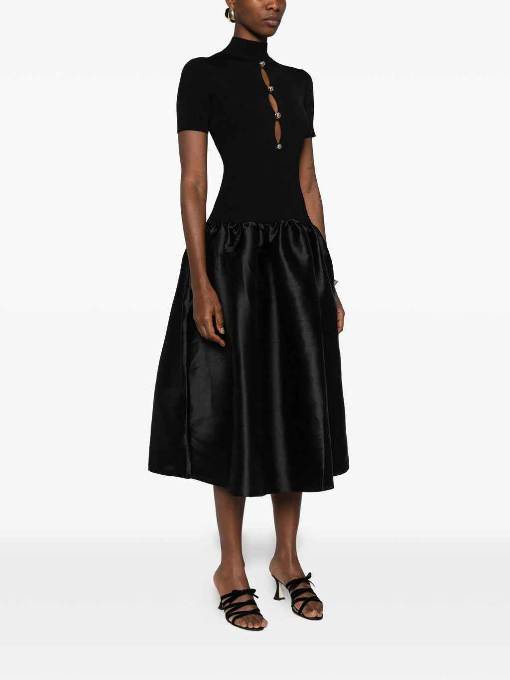 BLACK KNIT TAFFETA MIDI DRESS