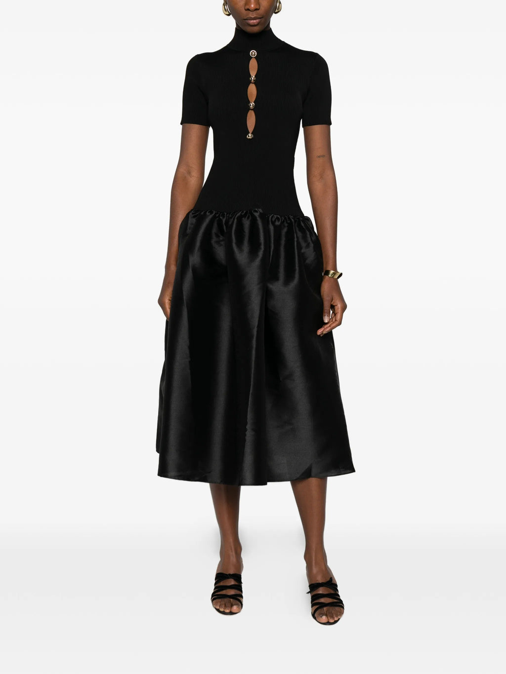 BLACK KNIT TAFFETA MIDI DRESS