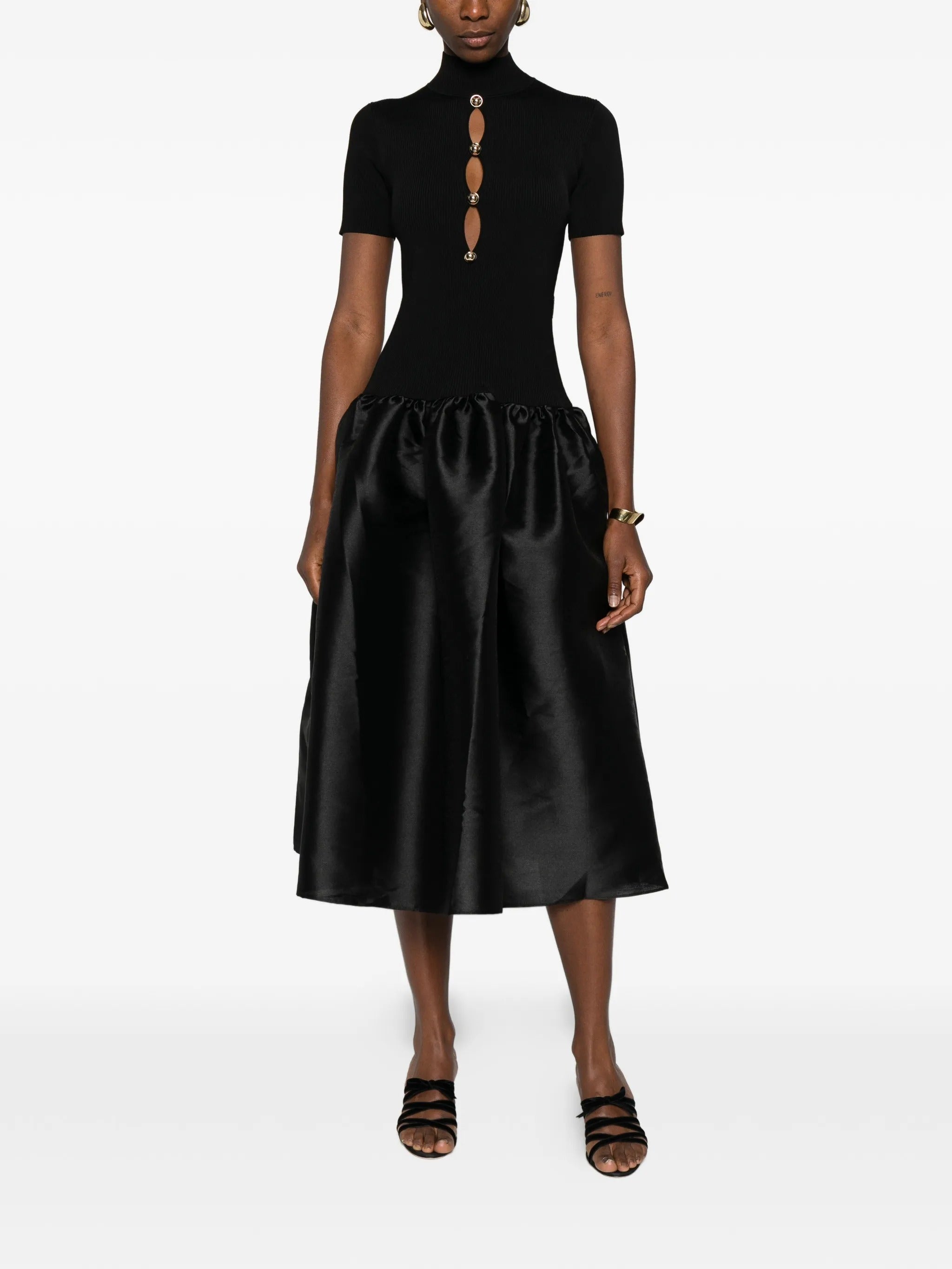 BLACK KNIT TAFFETA MIDI DRESS
