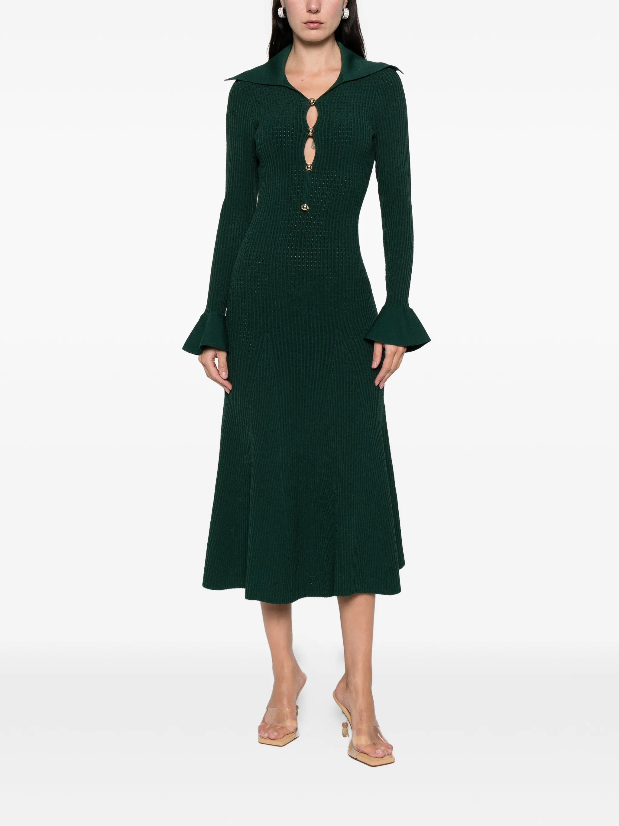 GREEN KEYHOLE KNIT MIDI DRESS