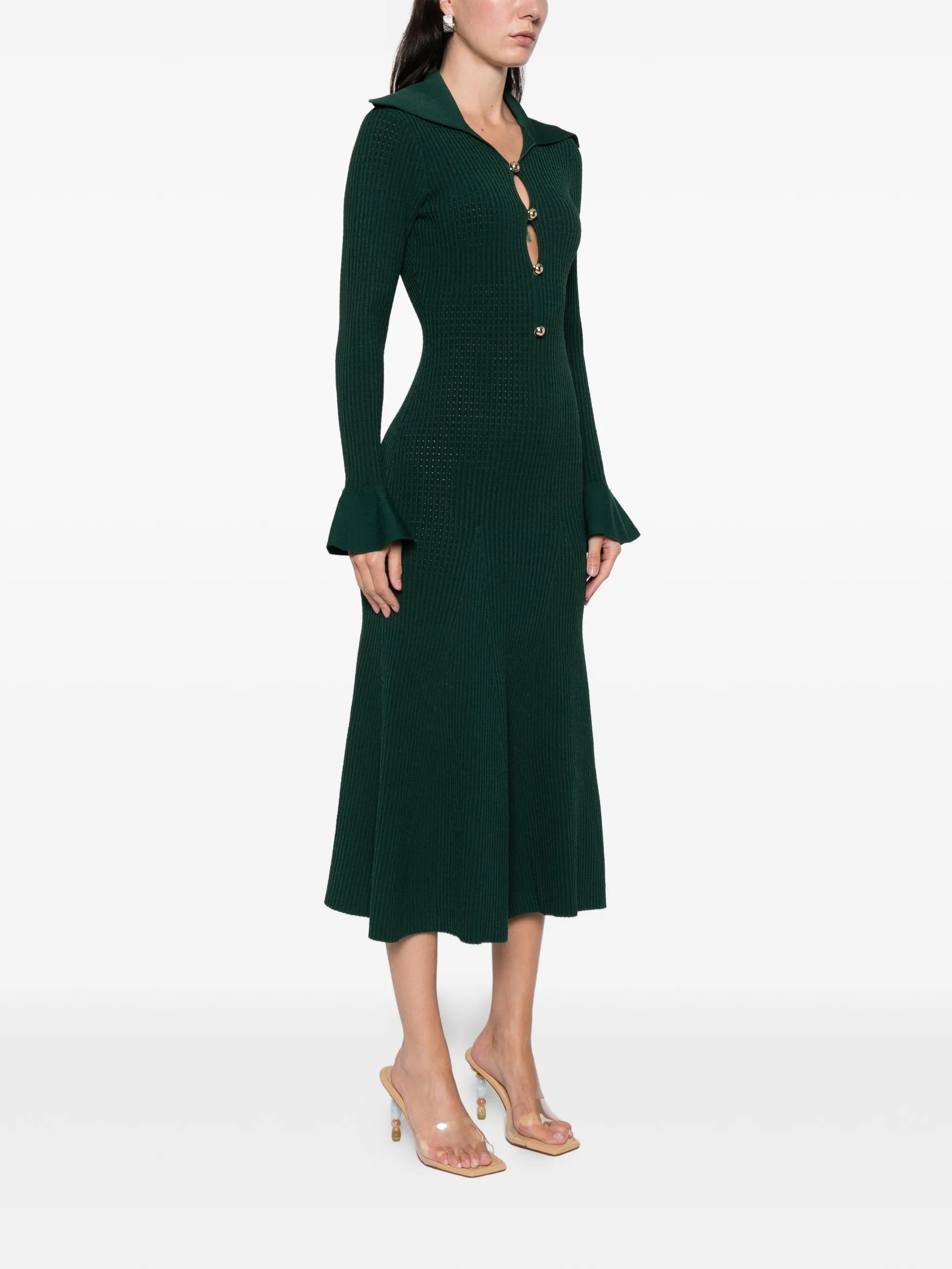 GREEN KEYHOLE KNIT MIDI DRESS