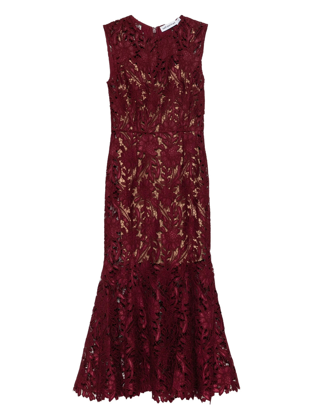 BURGUNDY GUIPURE LACE MIDI DRESS