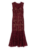 BURGUNDY GUIPURE LACE MIDI DRESS
