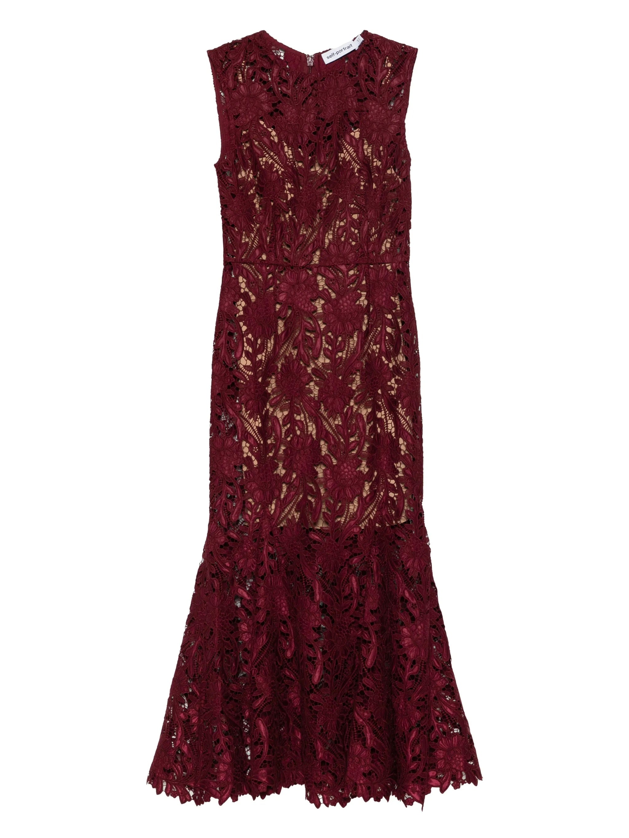 BURGUNDY GUIPURE LACE MIDI DRESS