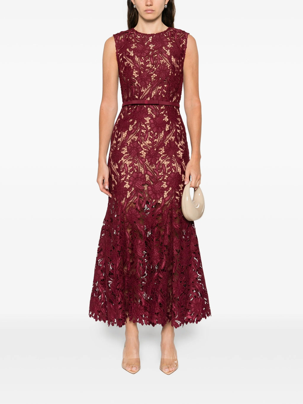 BURGUNDY GUIPURE LACE MIDI DRESS