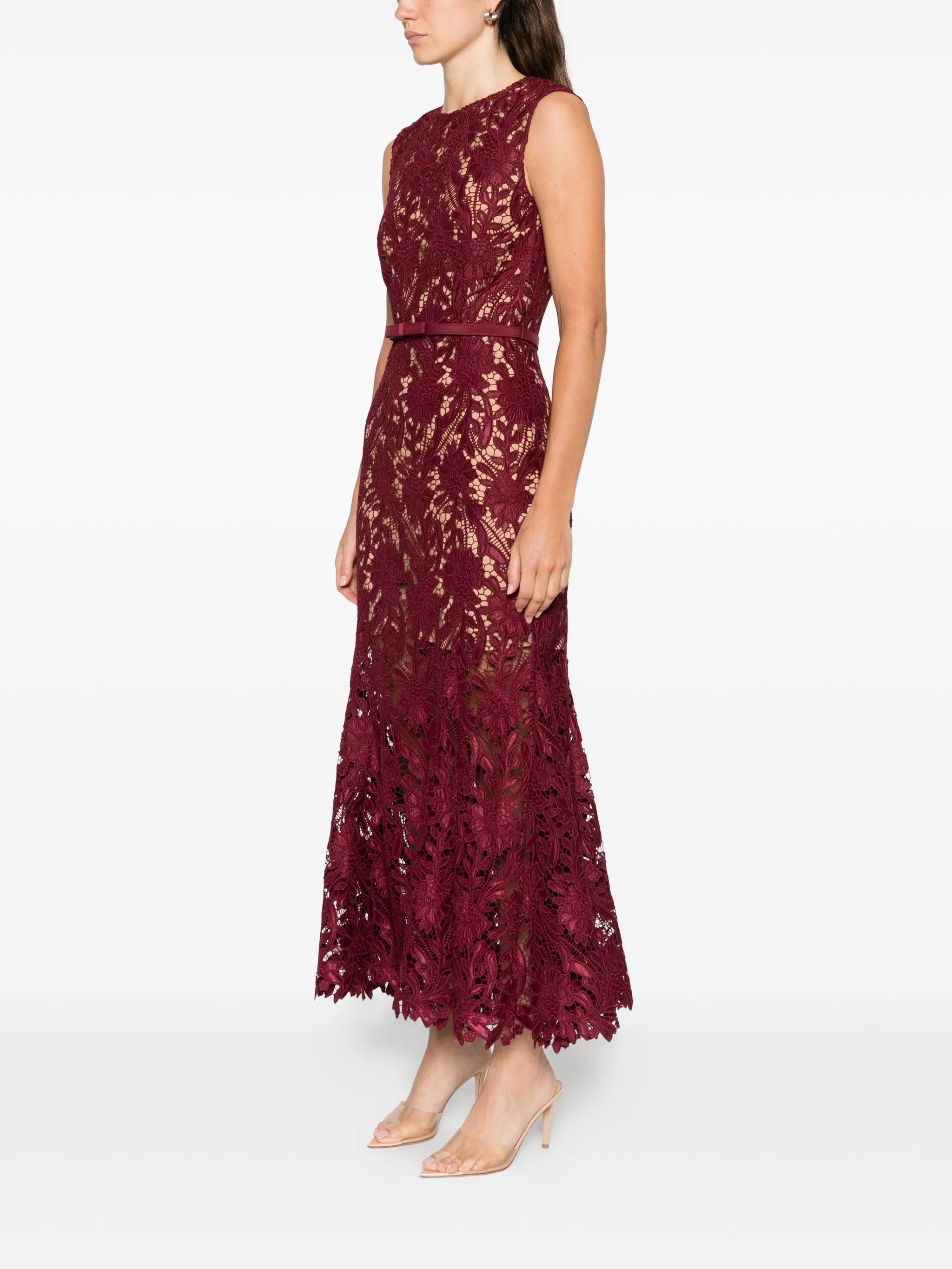 BURGUNDY GUIPURE LACE MIDI DRESS