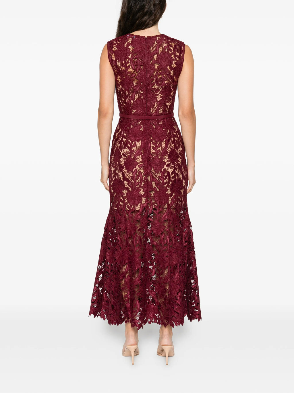 BURGUNDY GUIPURE LACE MIDI DRESS