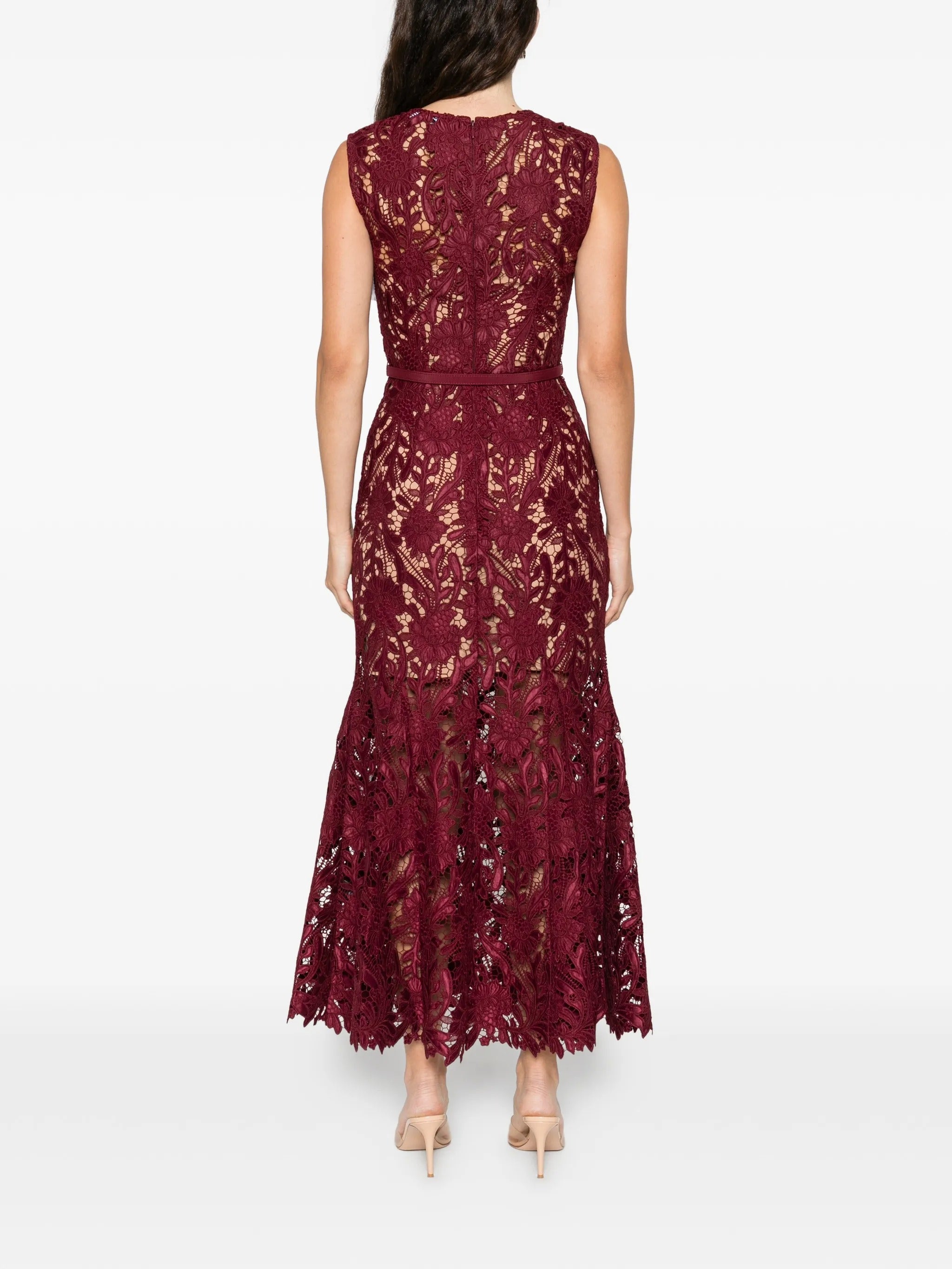 BURGUNDY GUIPURE LACE MIDI DRESS