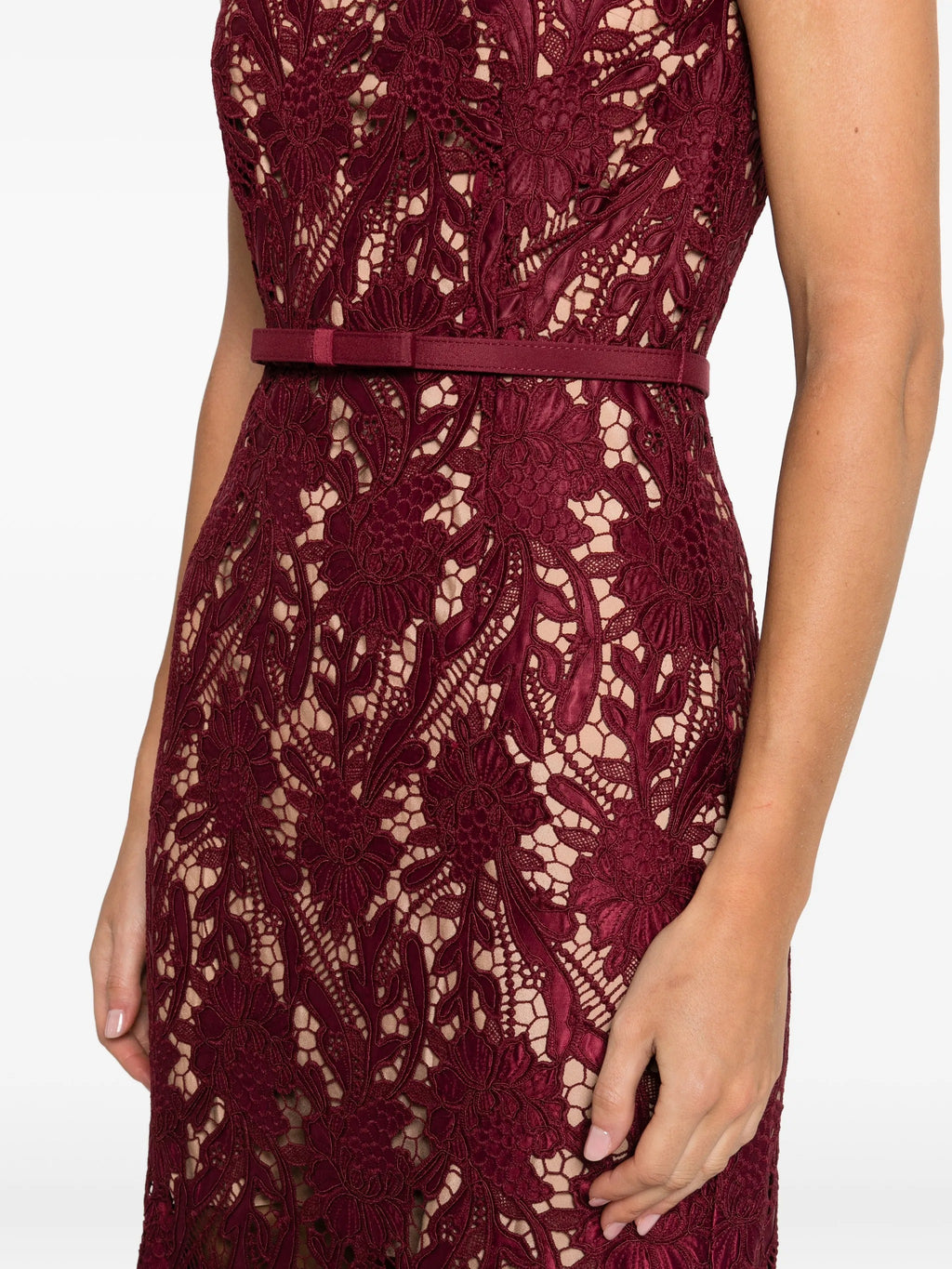 BURGUNDY GUIPURE LACE MIDI DRESS