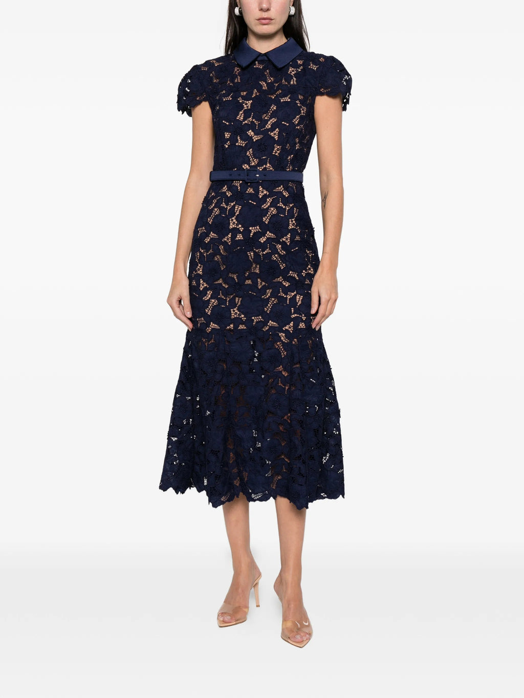 NAVY GUIPURE LACE MIDI DRESS
