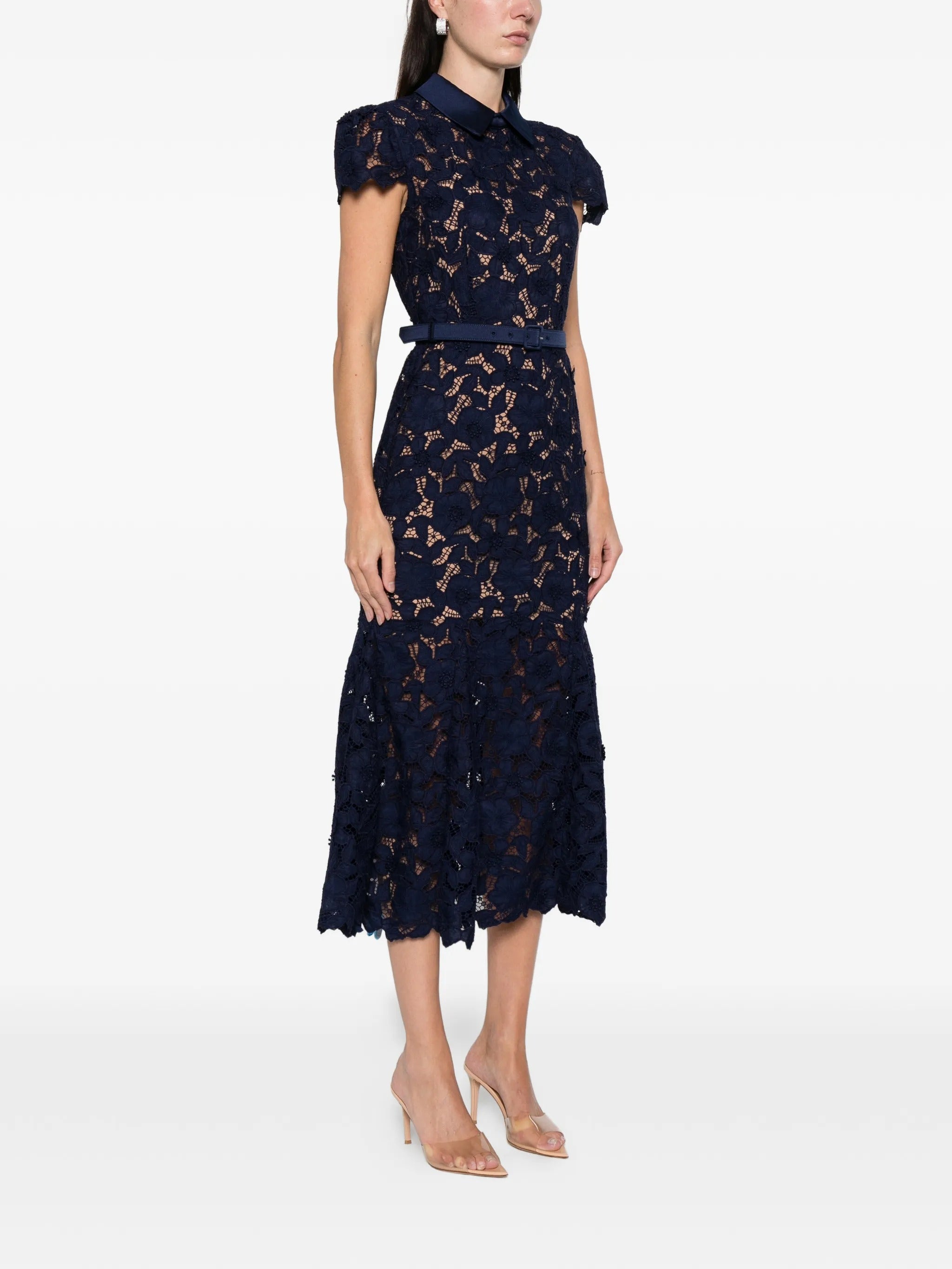 NAVY GUIPURE LACE MIDI DRESS