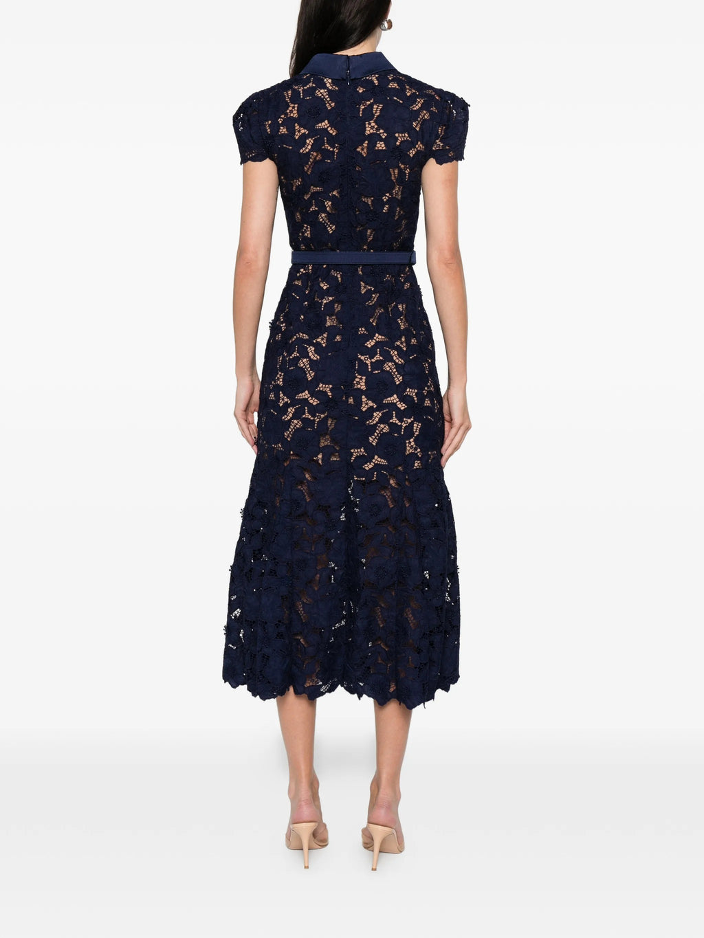 NAVY GUIPURE LACE MIDI DRESS