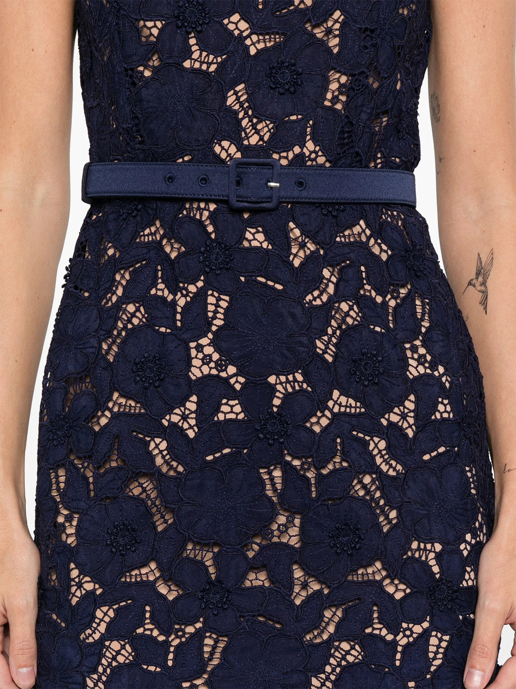 NAVY GUIPURE LACE MIDI DRESS
