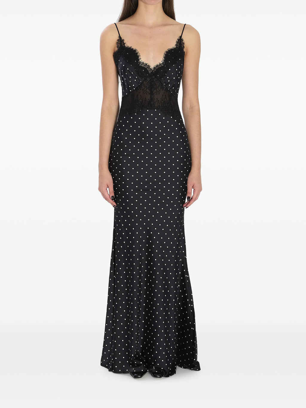 POLKA DOT SATIN LACE MAXI DRESS