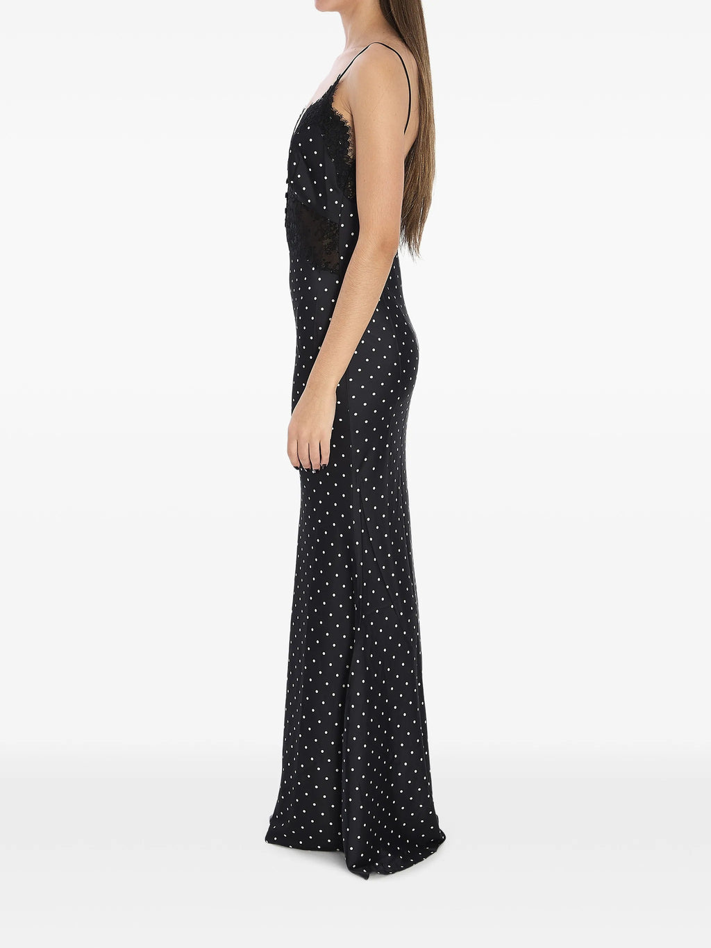 POLKA DOT SATIN LACE MAXI DRESS