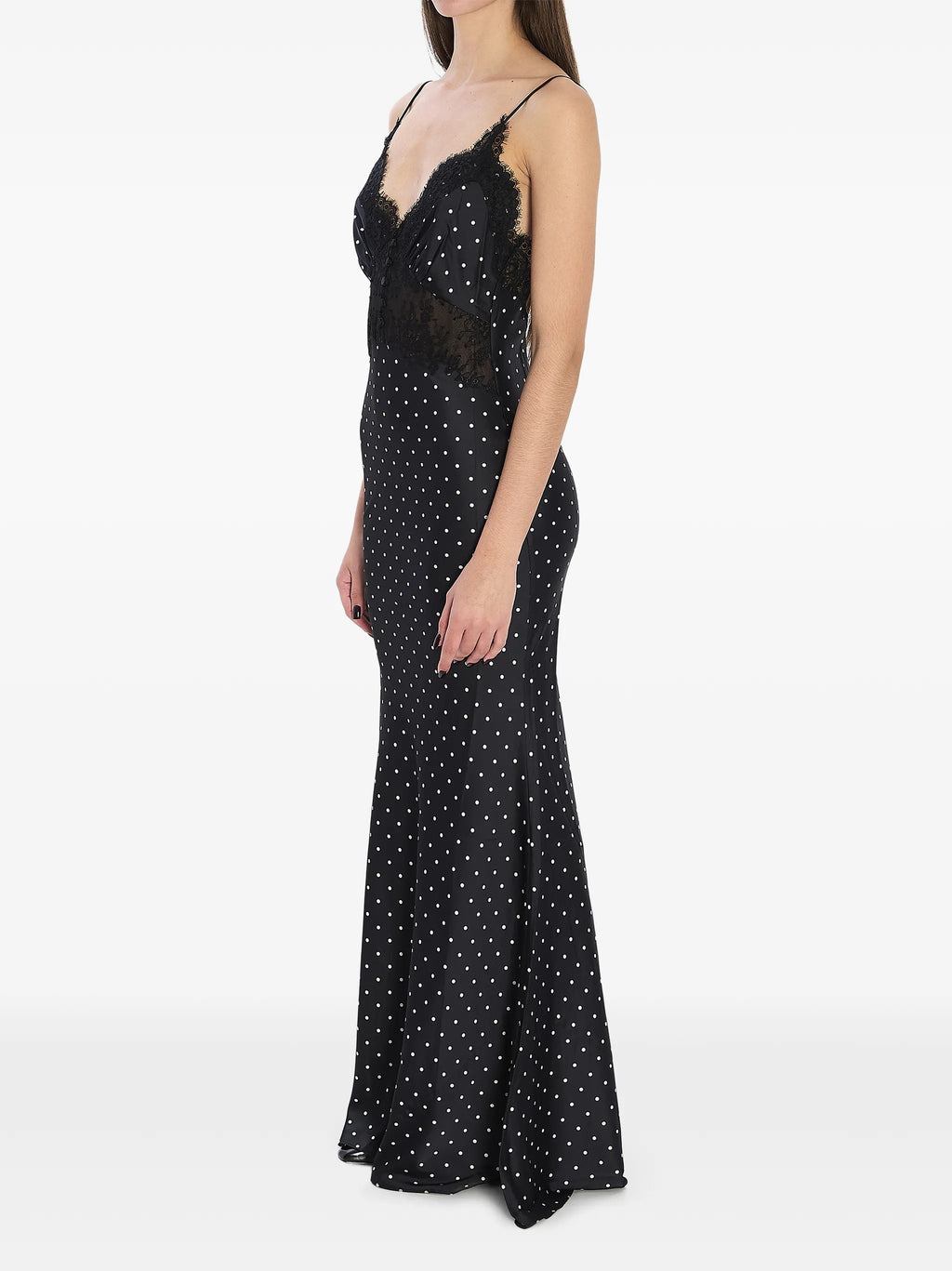 POLKA DOT SATIN LACE MAXI DRESS