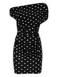 POLKA DOT DRAPED KNIT MINI DRESS