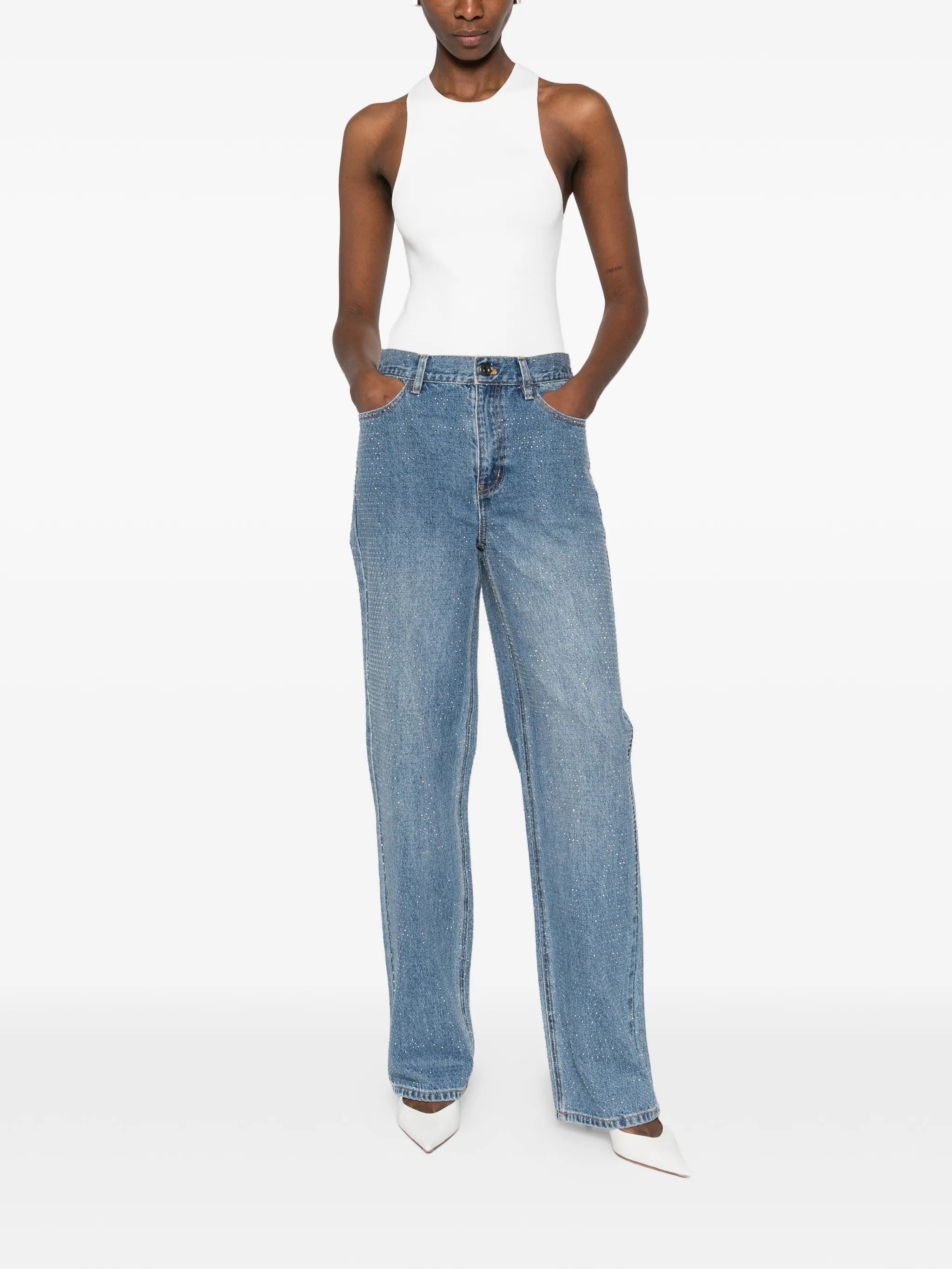 RHINESTONE DENIM STRAIGHT LEG JEANS