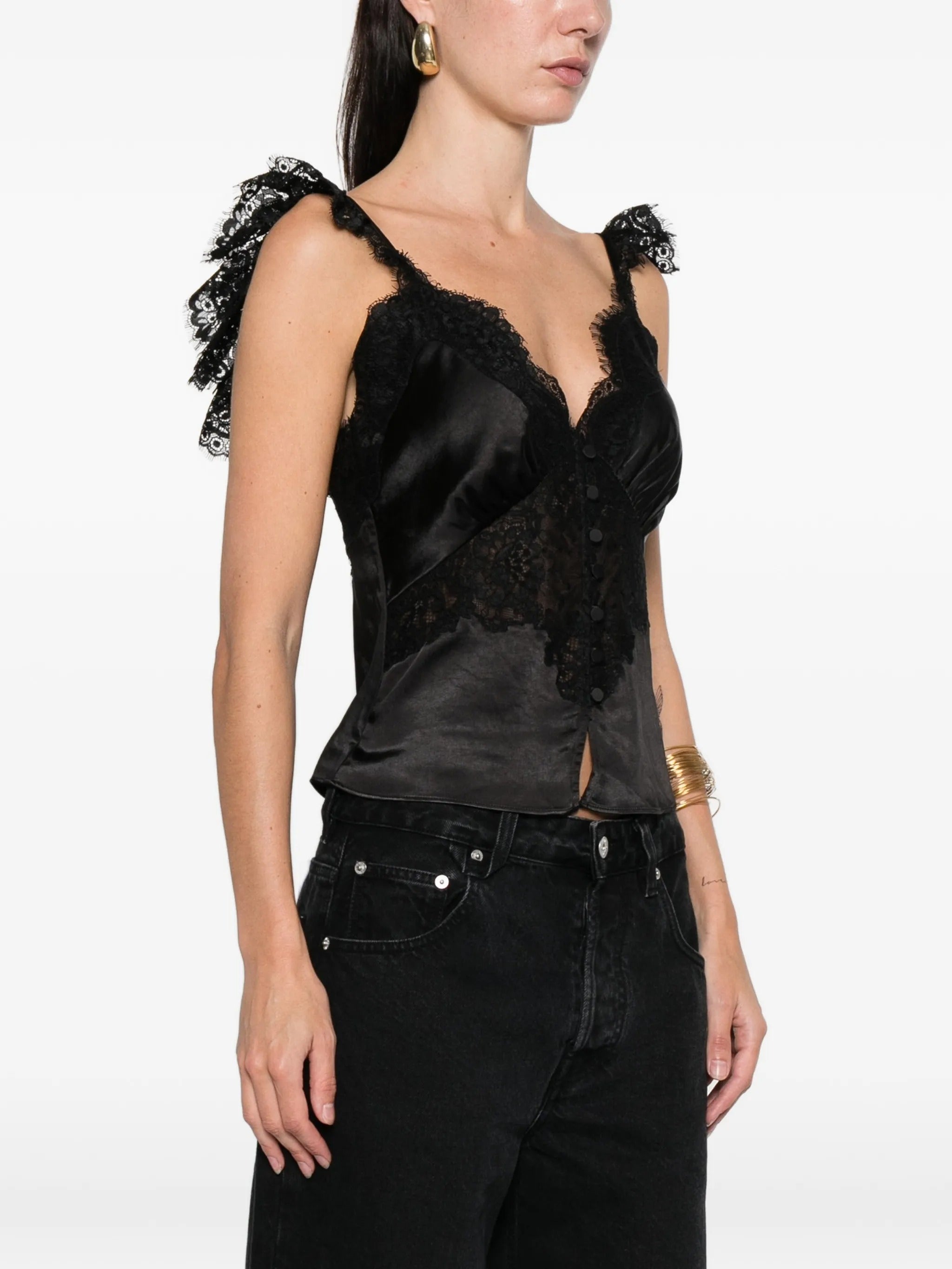 BLACK SATIN LACE TOP