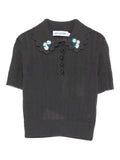 GREY EMBROIDERED POINTELLE KNIT TOP