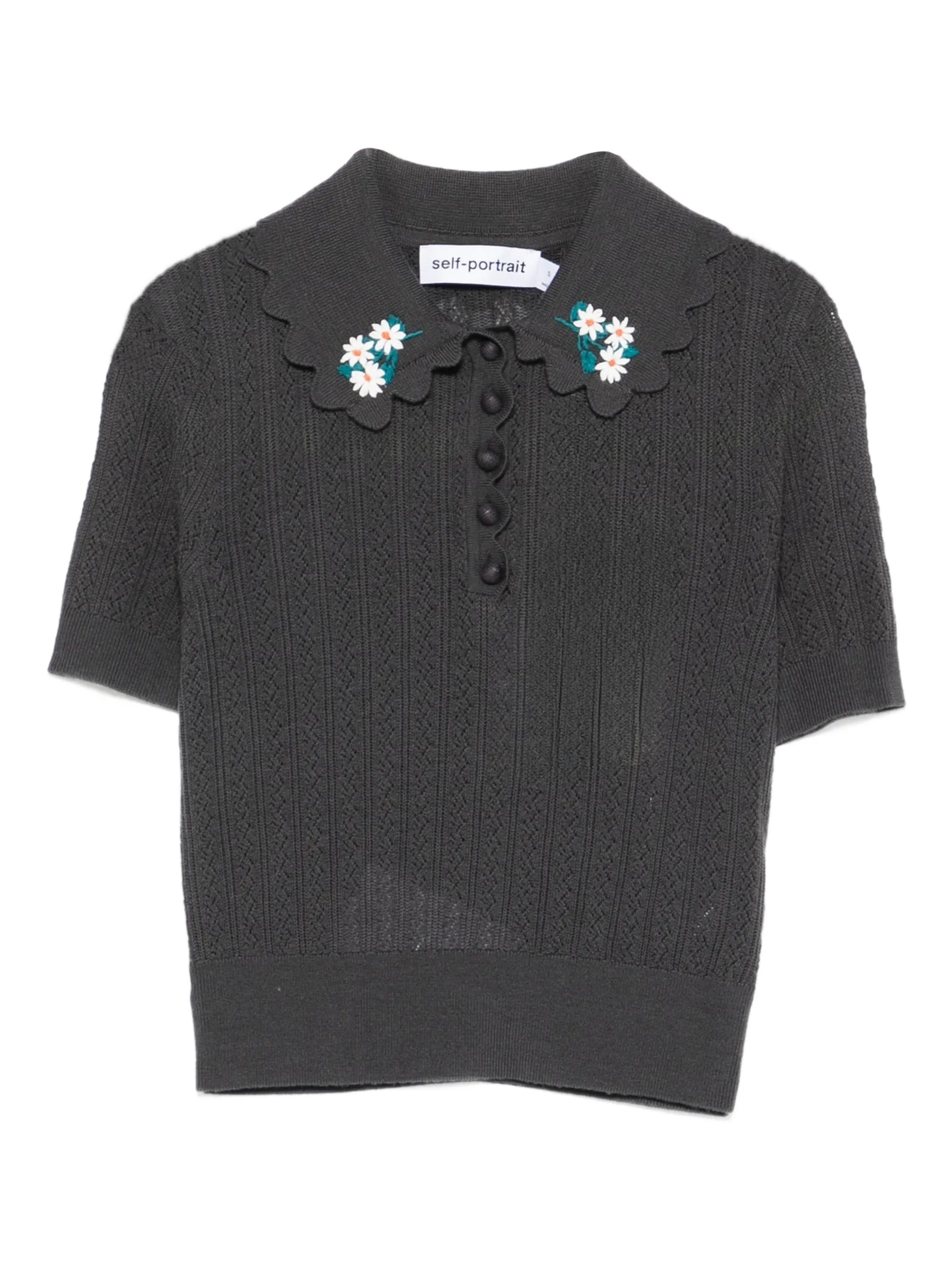 GREY EMBROIDERED POINTELLE KNIT TOP