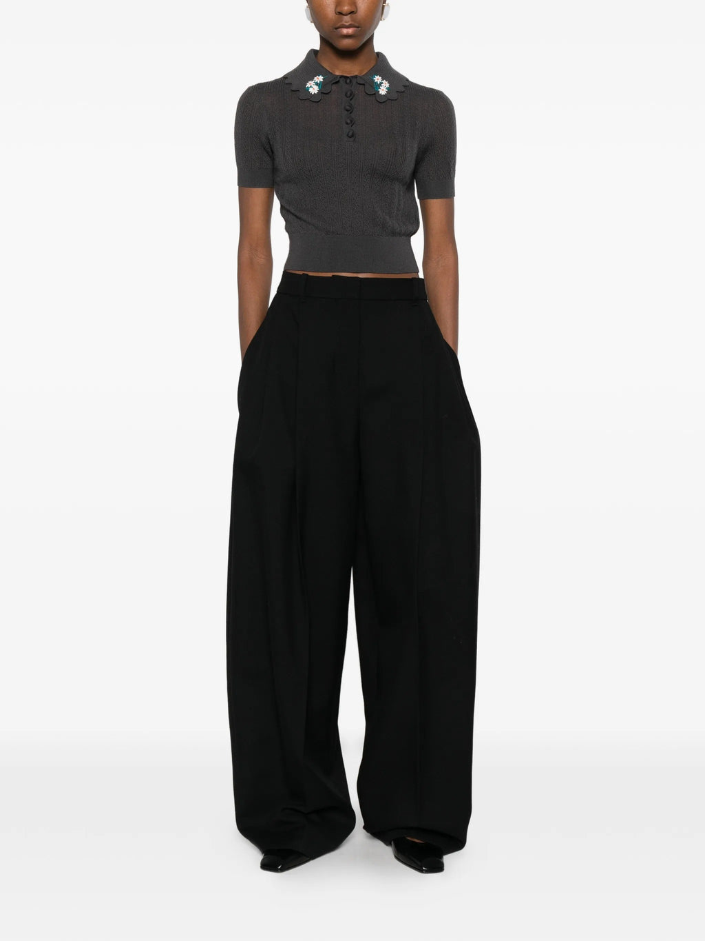 GREY EMBROIDERED POINTELLE KNIT TOP