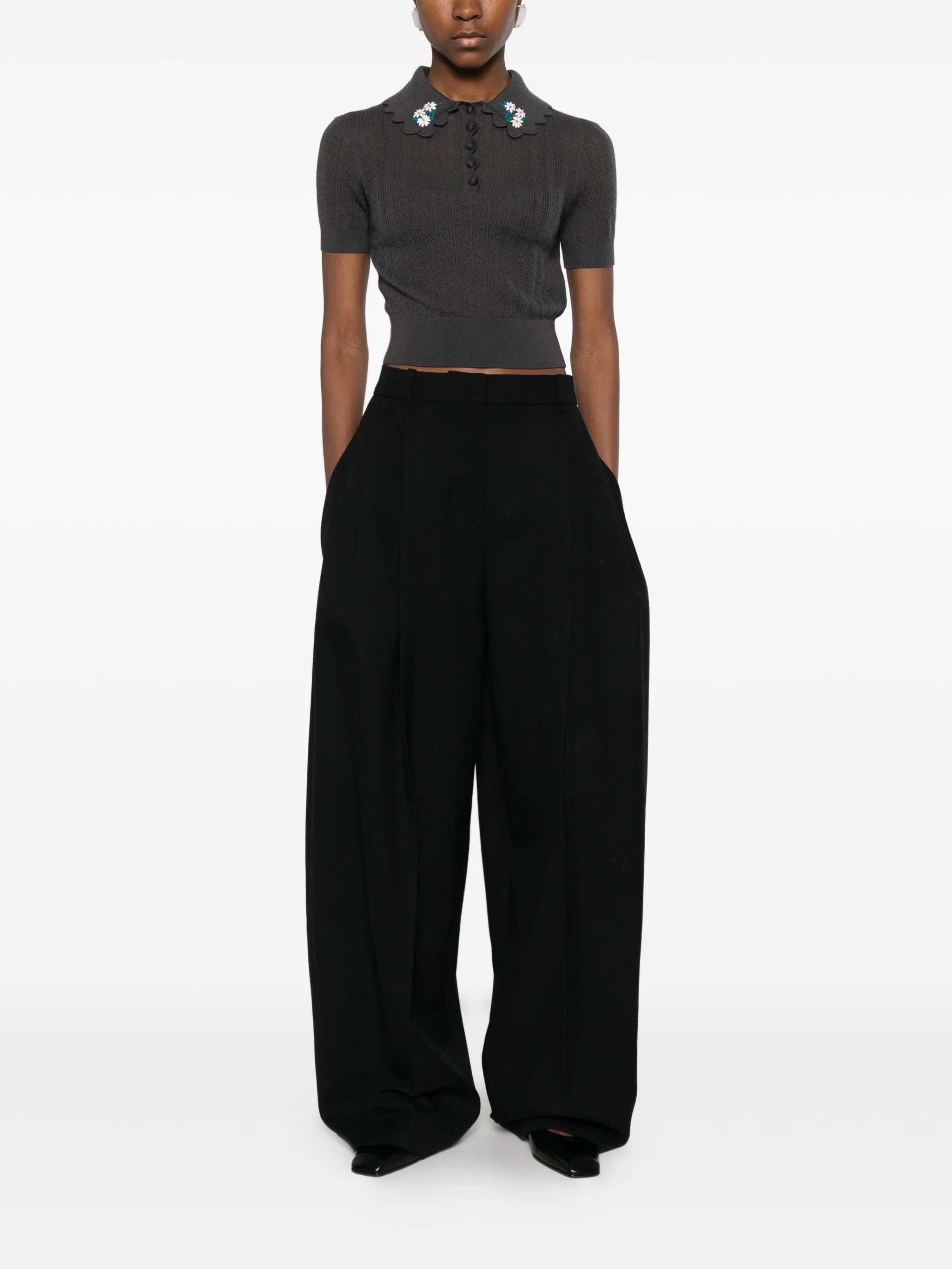 GREY EMBROIDERED POINTELLE KNIT TOP