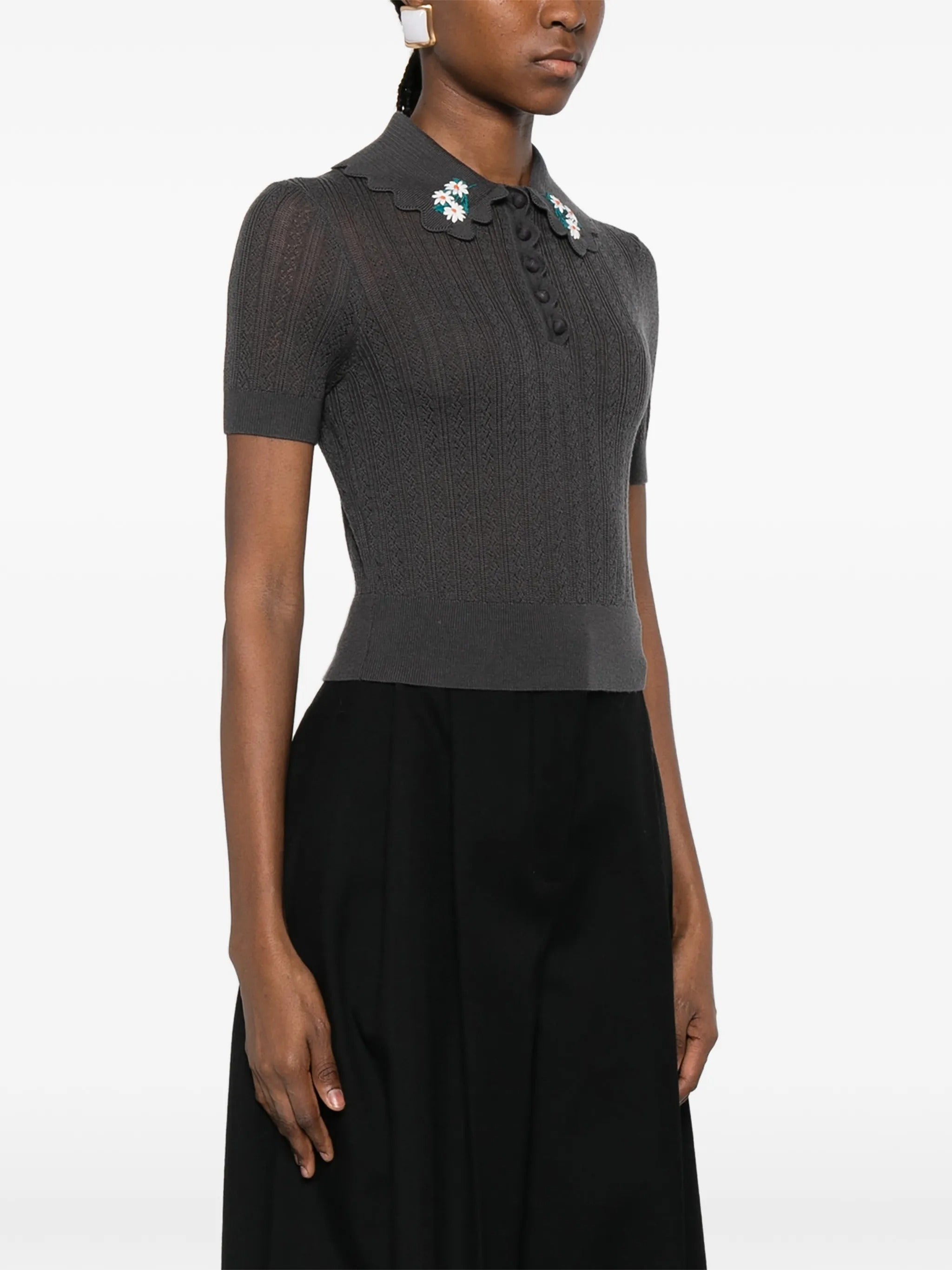 GREY EMBROIDERED POINTELLE KNIT TOP