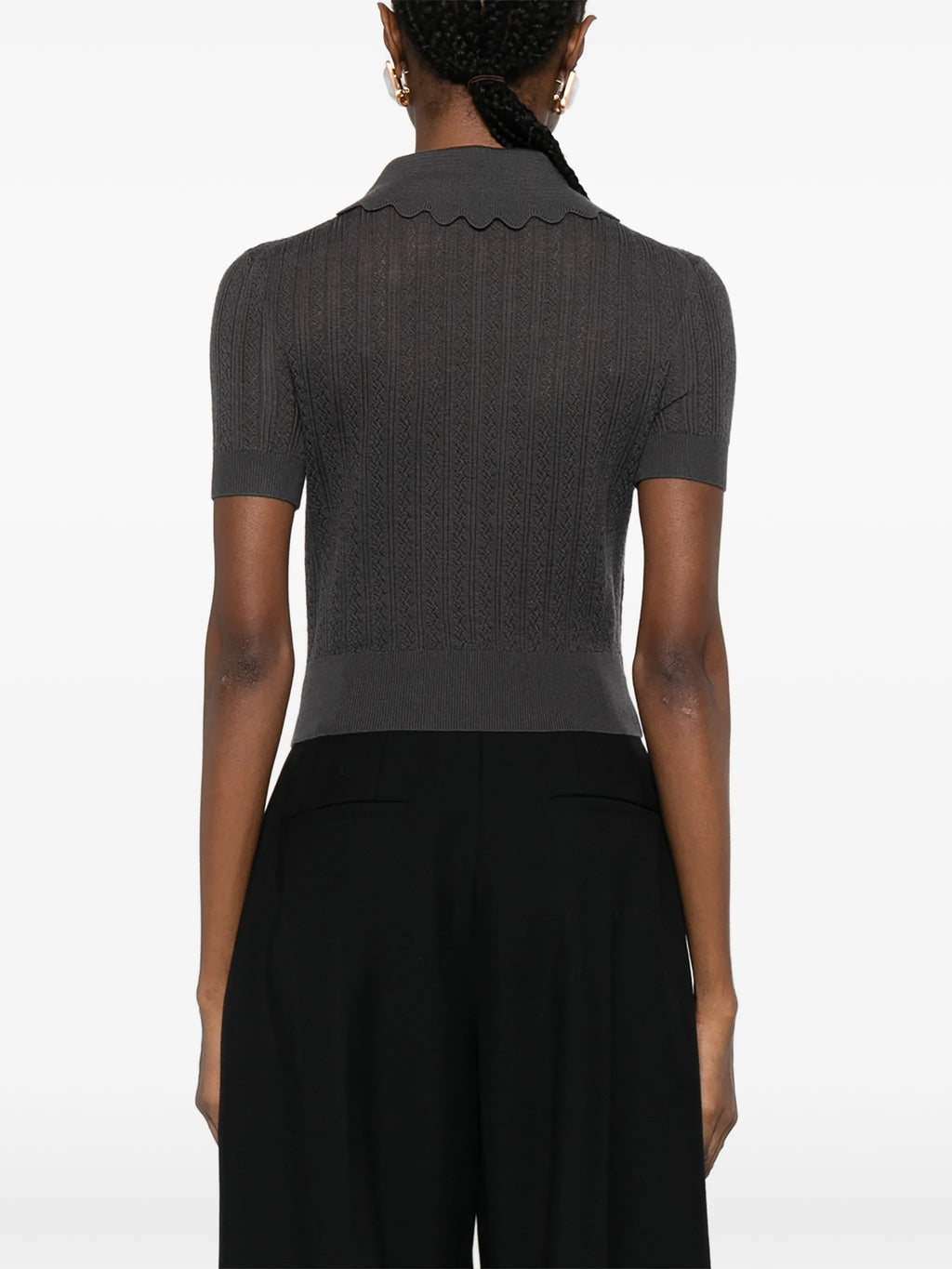 GREY EMBROIDERED POINTELLE KNIT TOP