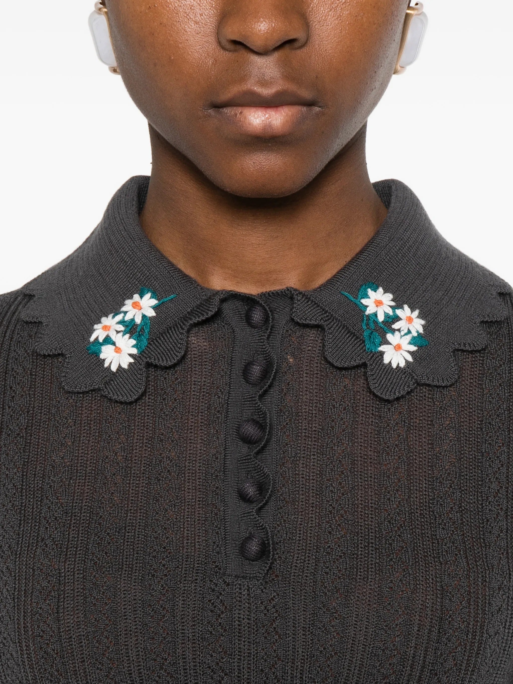GREY EMBROIDERED POINTELLE KNIT TOP