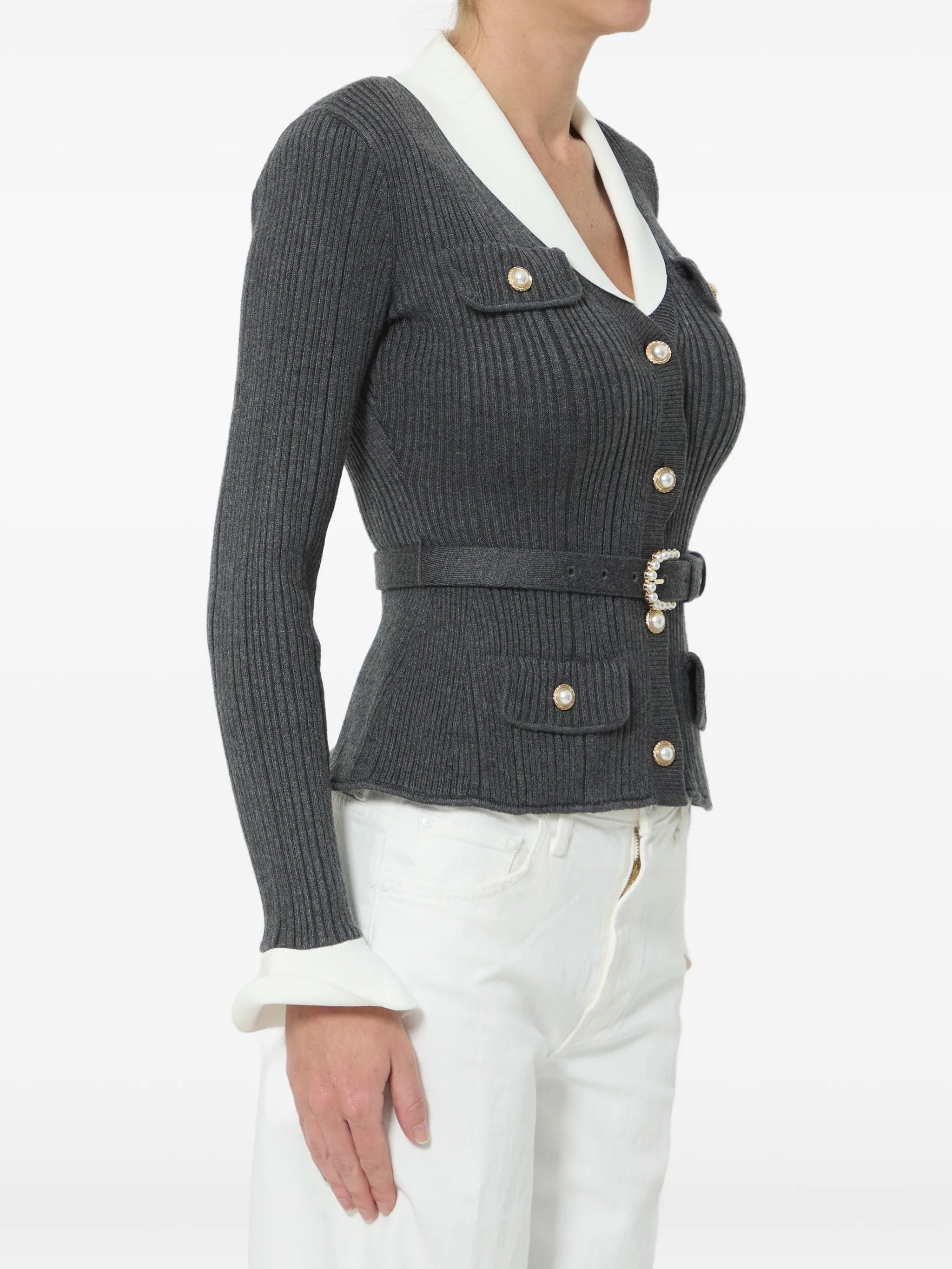 GREY RIBBED KNIT CARDIGAN