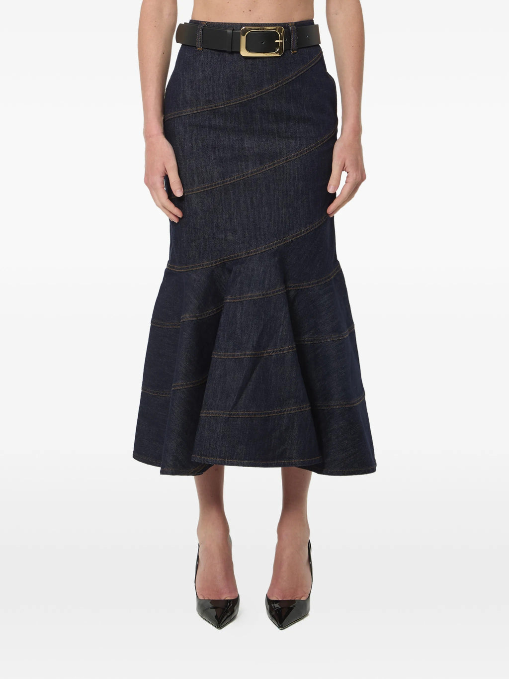INDIGO DENIM BELTED MIDI SKIRT