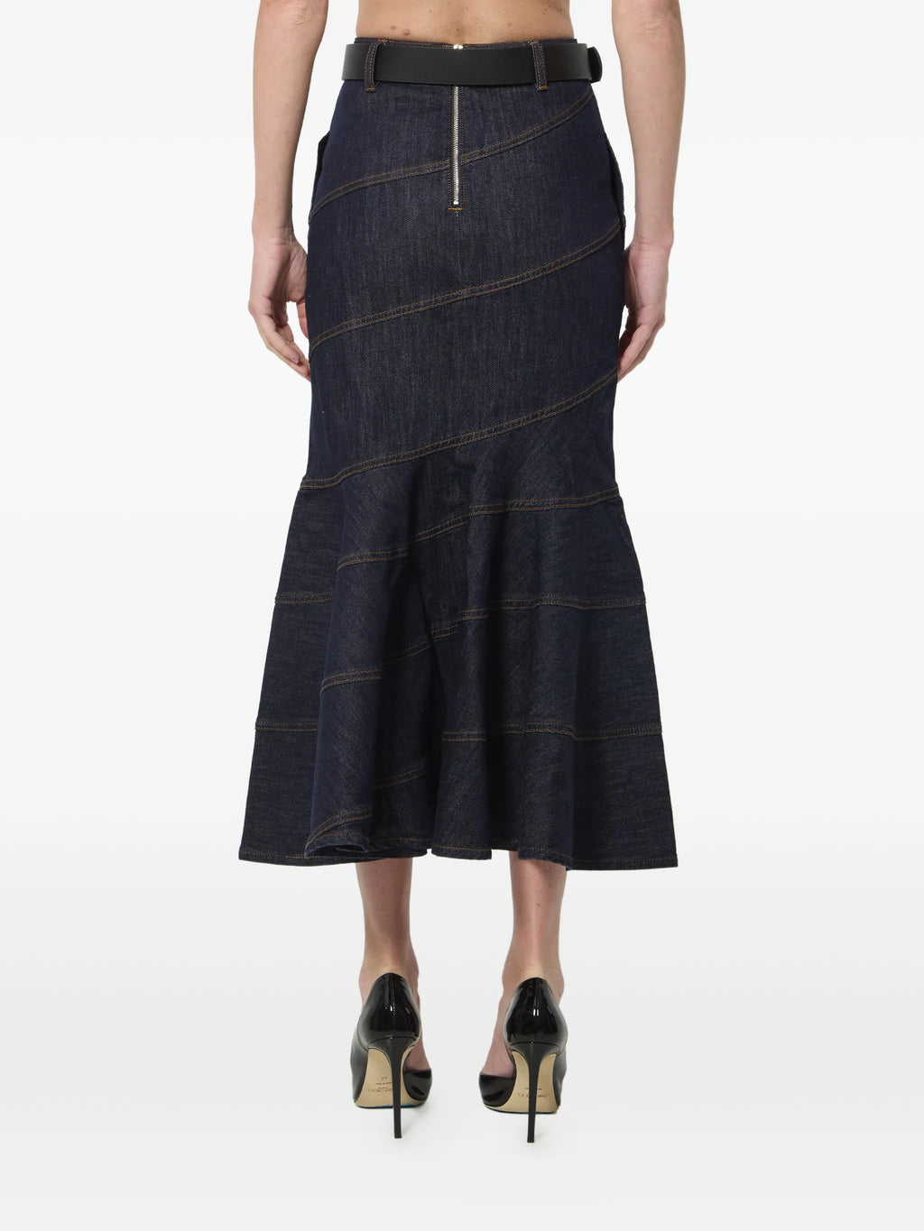 INDIGO DENIM BELTED MIDI SKIRT