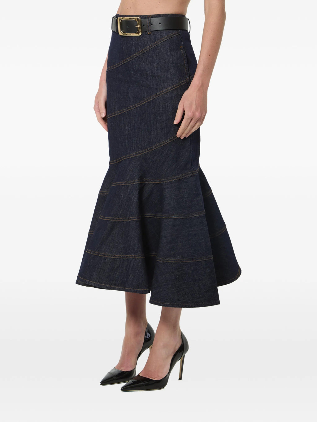 INDIGO DENIM BELTED MIDI SKIRT