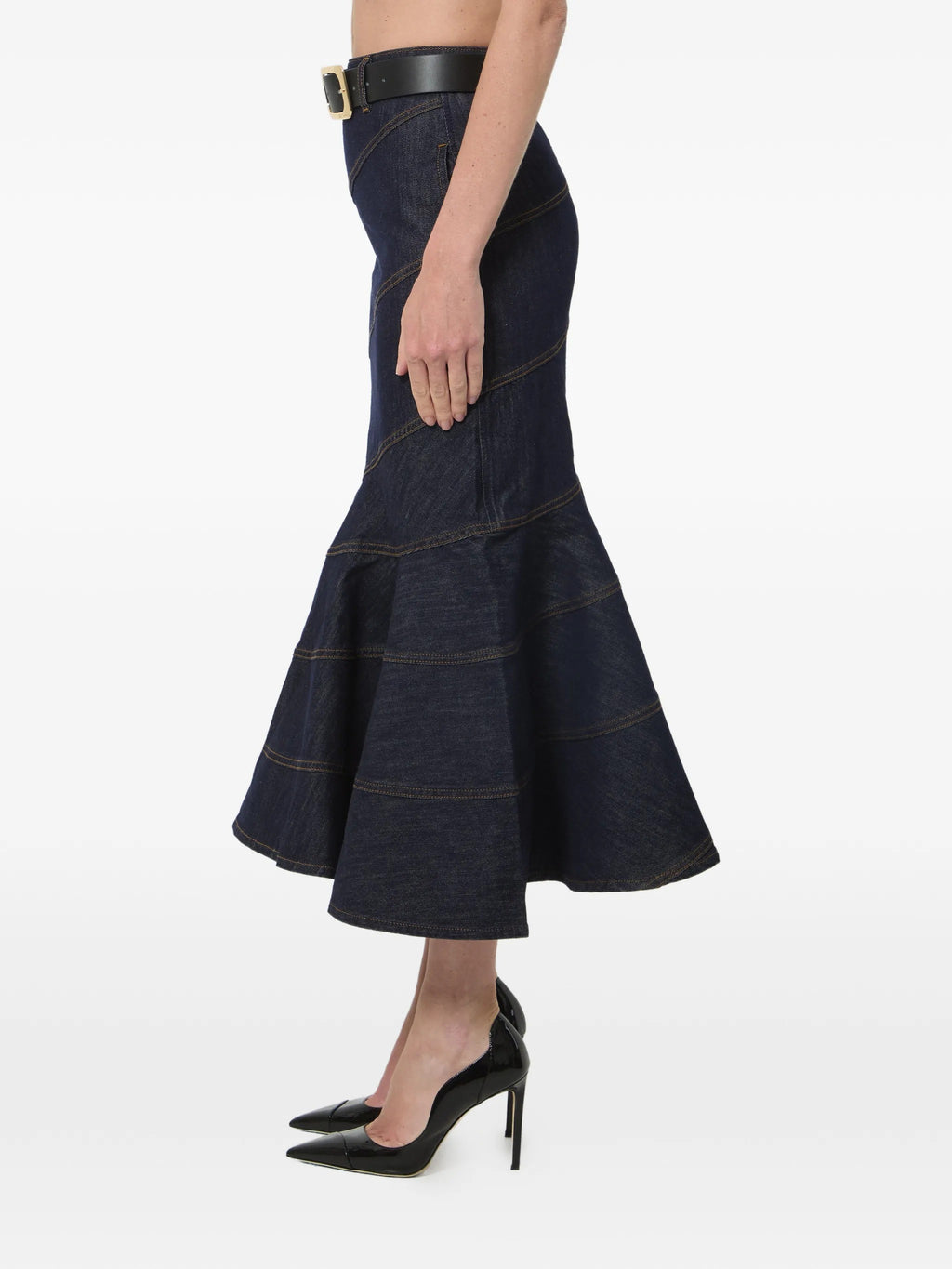 INDIGO DENIM BELTED MIDI SKIRT
