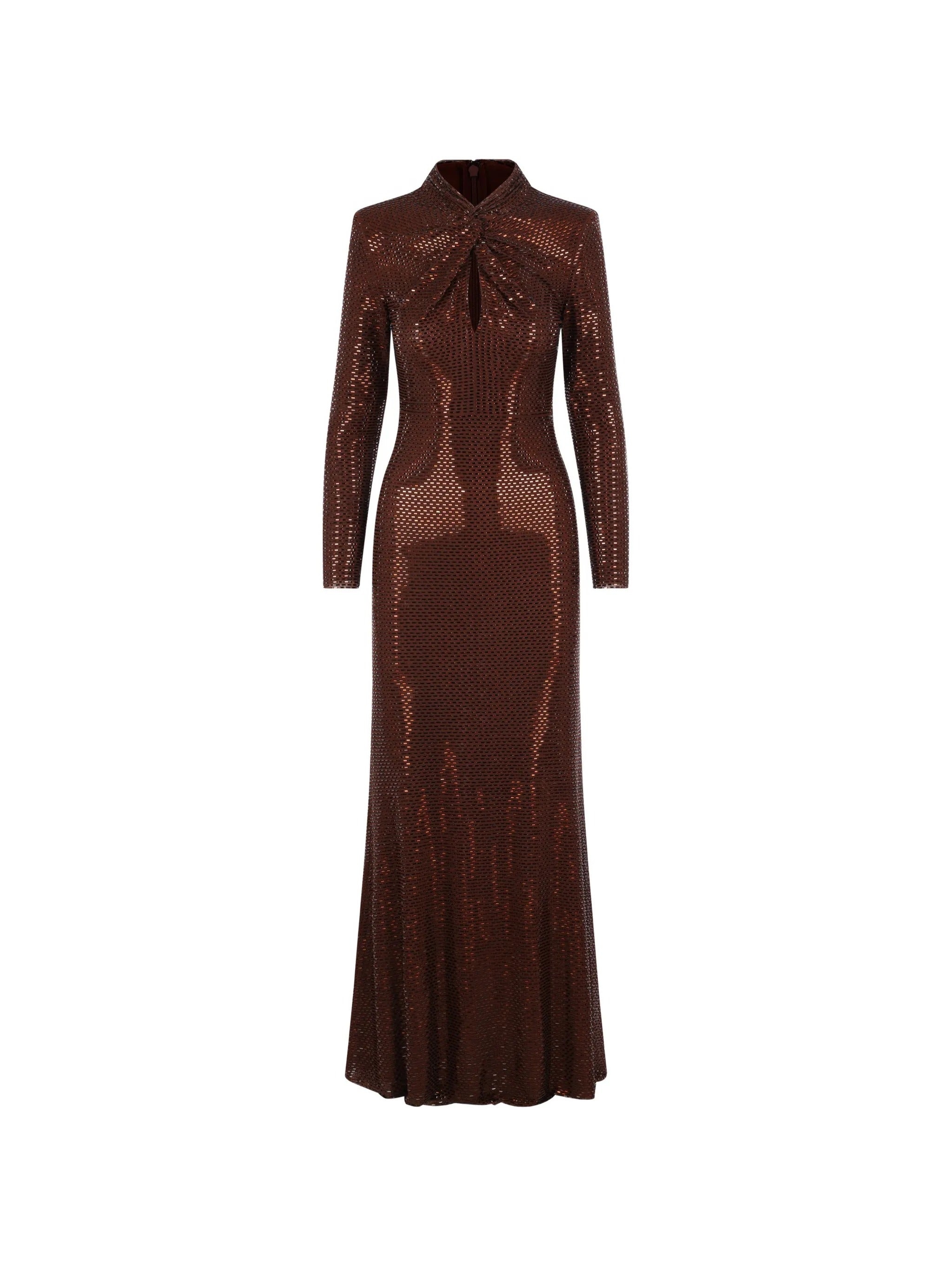 BROWN RHINESTONE MAXI DRESS