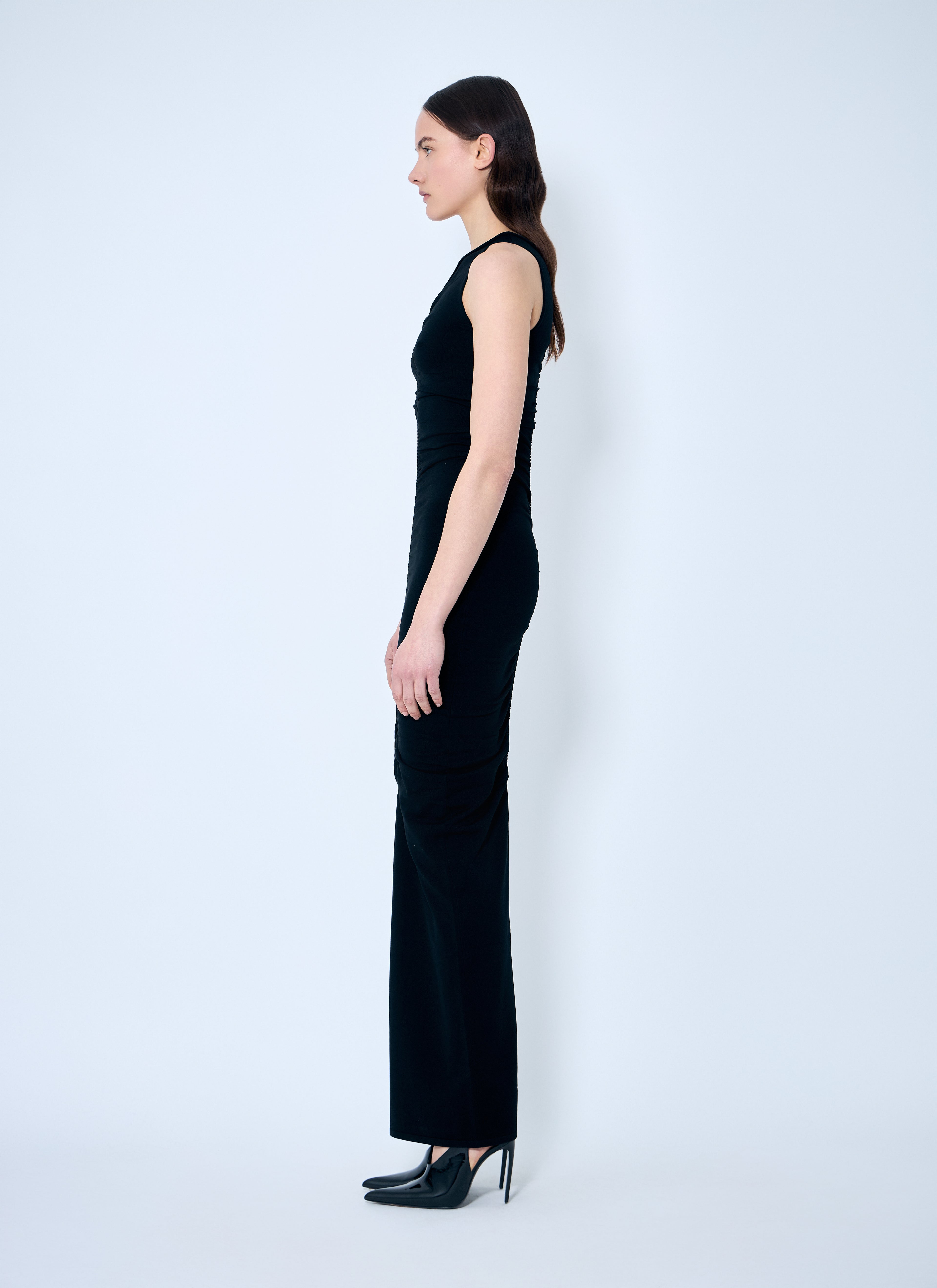 Ruched Wide V Neck Maxi Dress