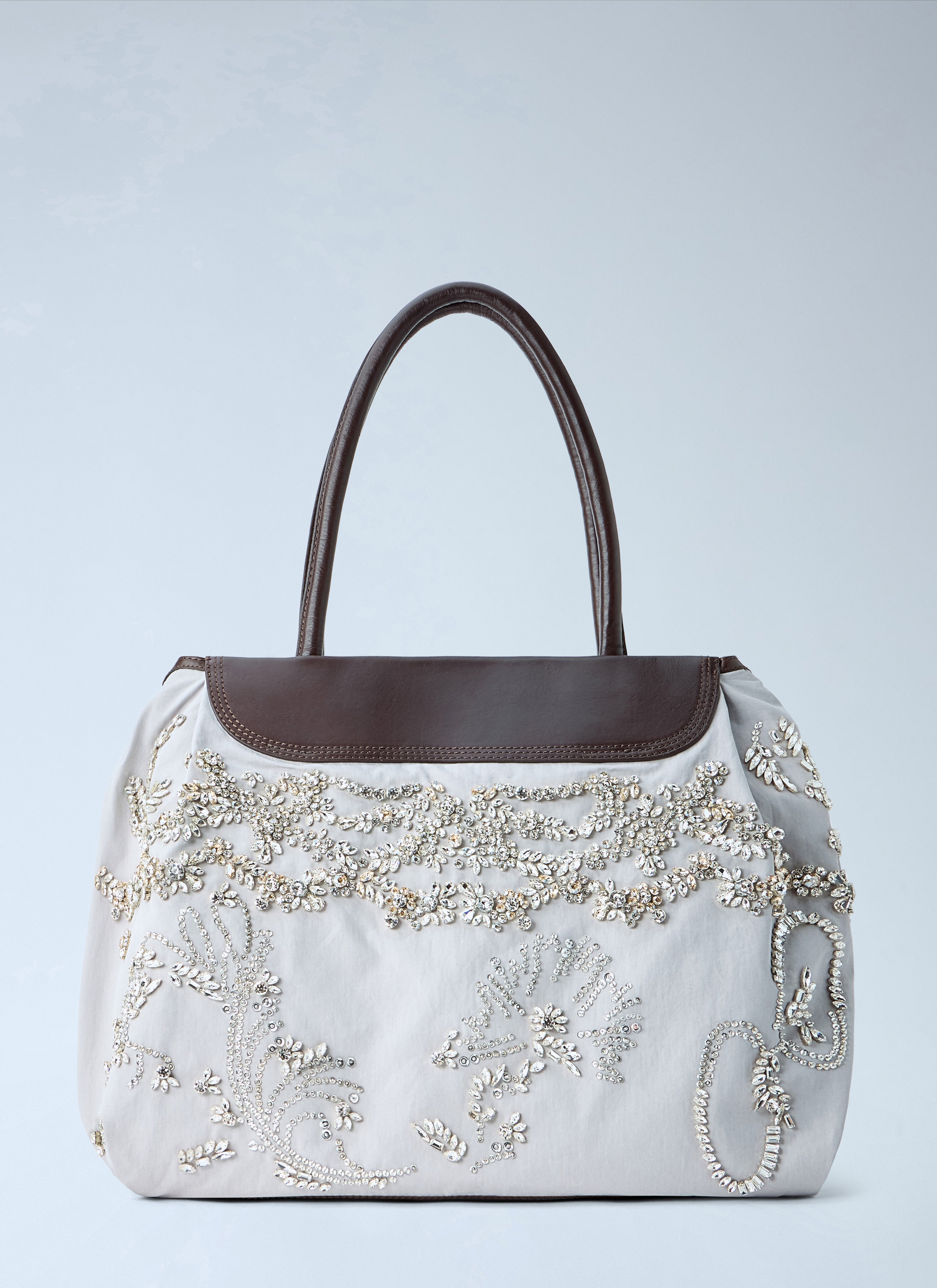 Embellished Leather-Trim Handbag