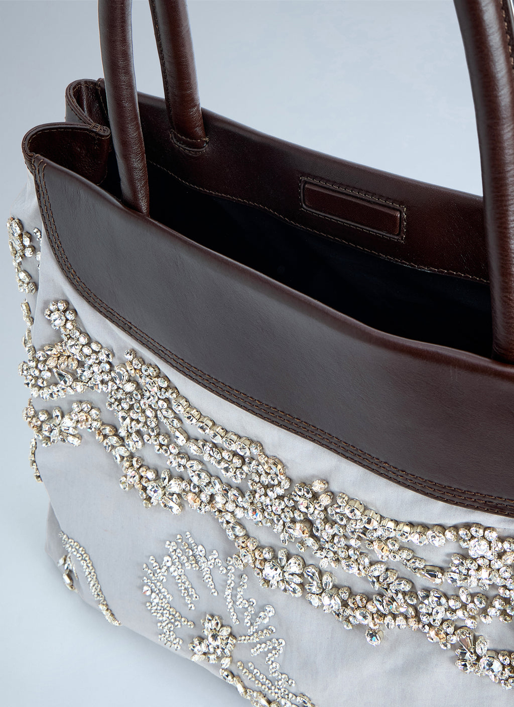 Embellished Leather-Trim Handbag