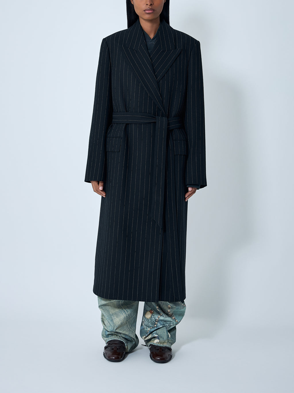 Belted Pinstripe Coat