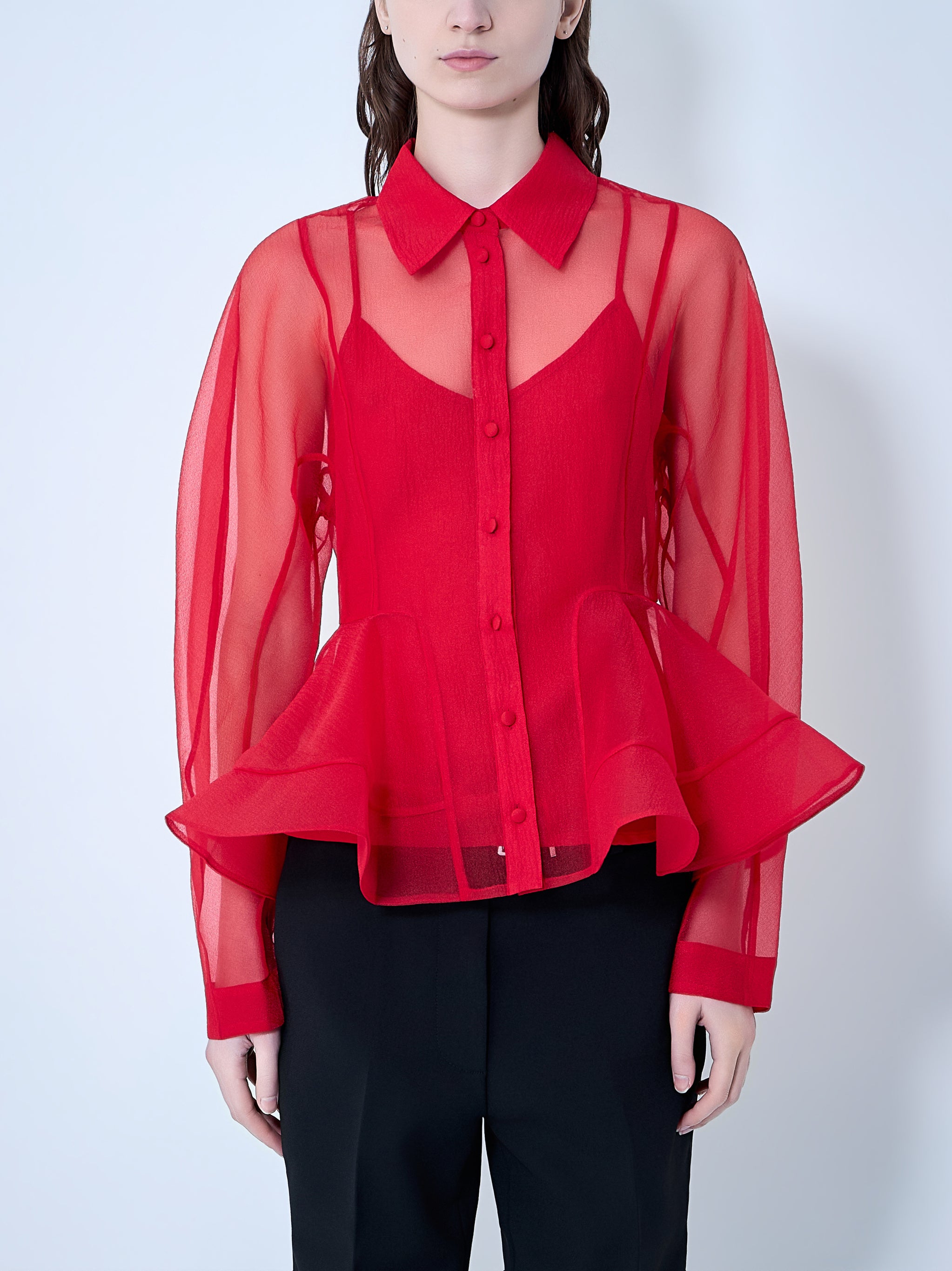 Textured Organza Peplum Shirt