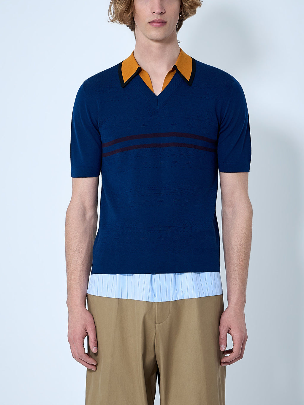 V-neck Contrast Collar Knit Polo Shirt
