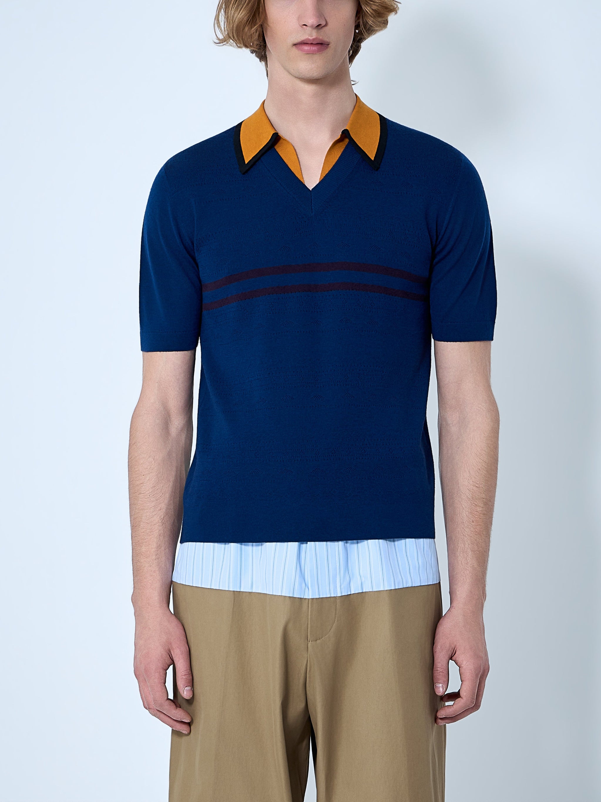 V-neck Contrast Collar Knit Polo Shirt