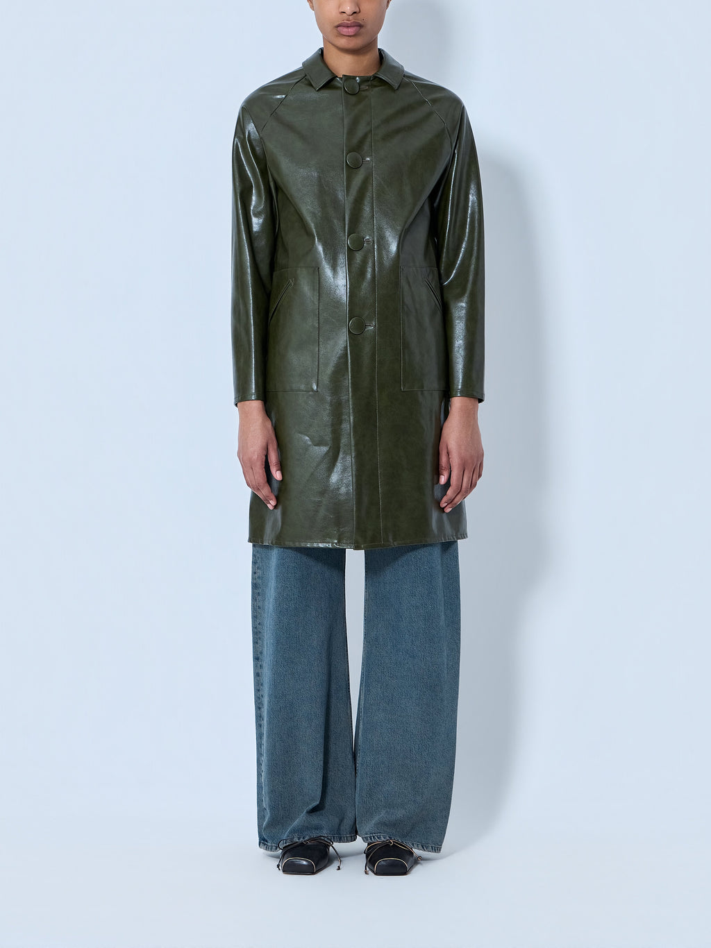 Faux-Leather Button-Up Coat